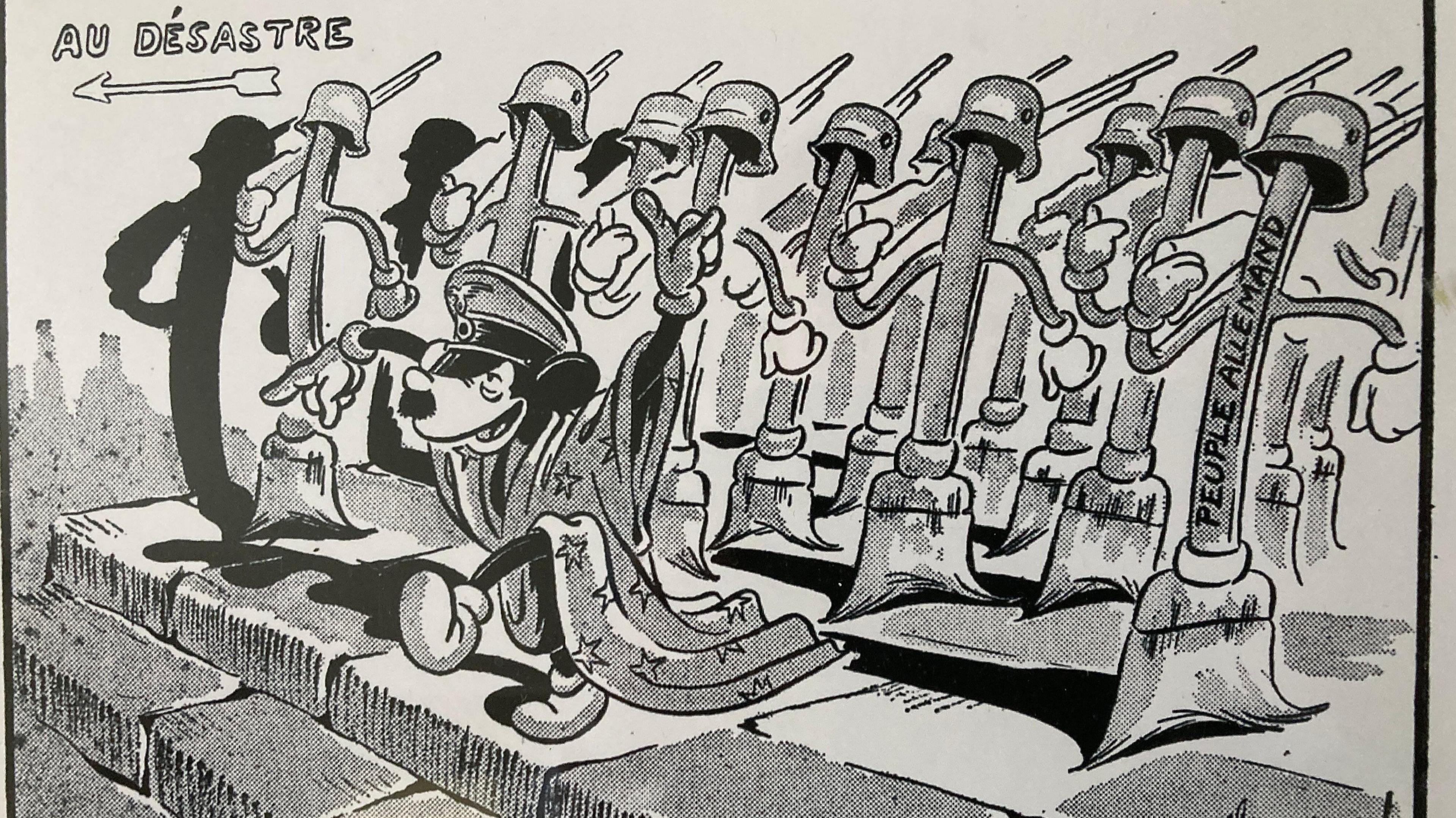This World War Two cartoon shows a 'Micky Mouse' type figure as Hitler, marching his troops towards disaster. They are shown as brushes with German helmets.