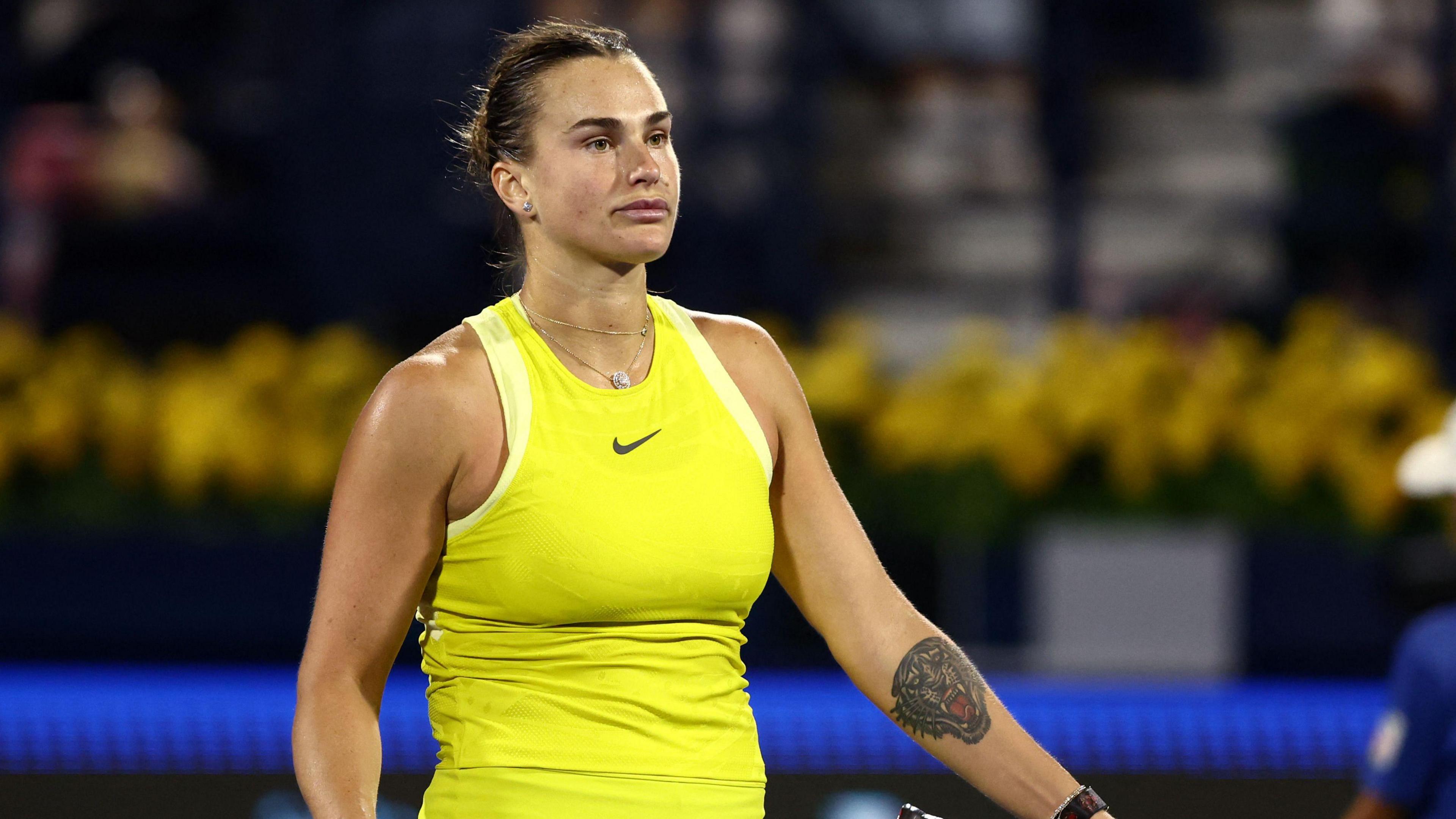 Belarus' Aryna Sabalenka looks dejected after losing her last-16 match against Denmark's Clara Tauson