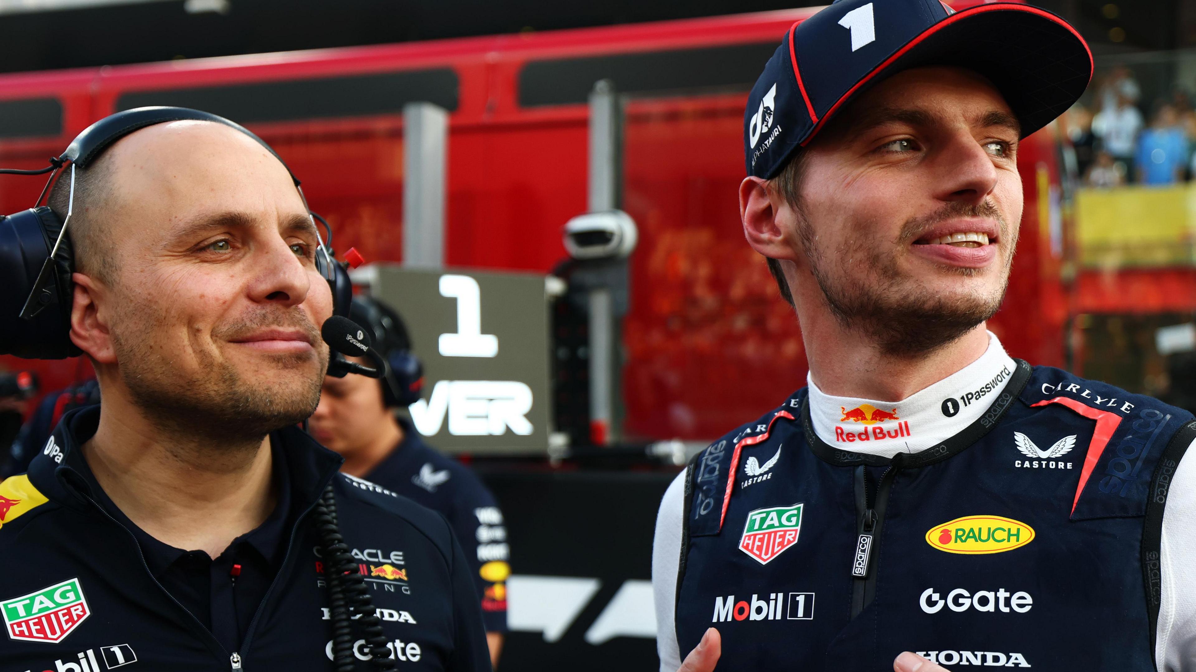Gianpiero Lambiase and Max Verstappen, who are both smiling, pictured together at the 2025 Abu Dhabi Grand Prix