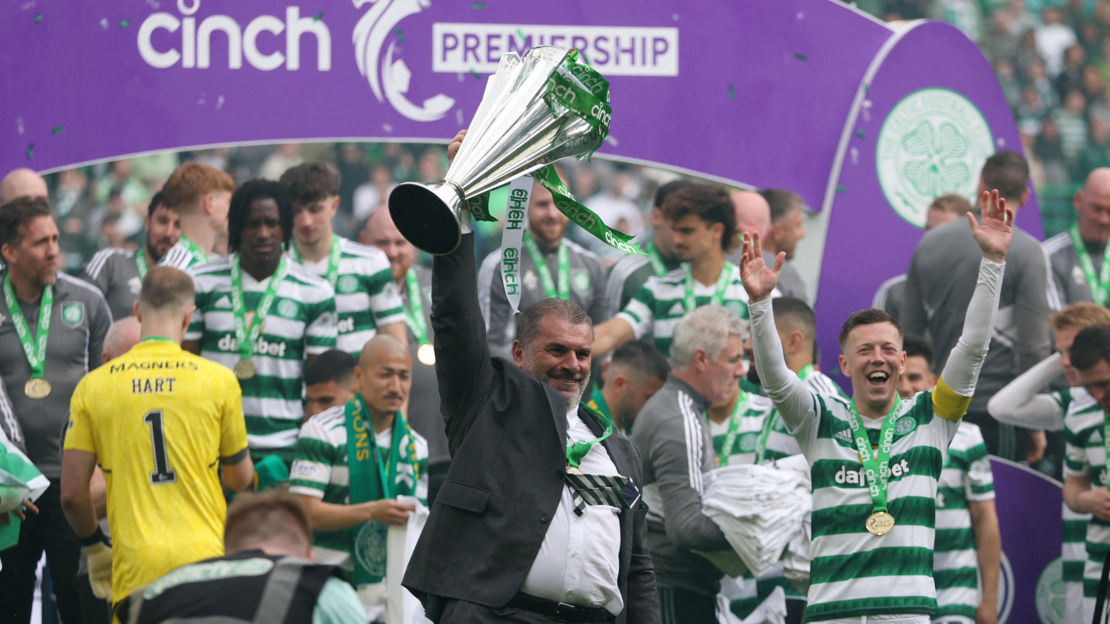 Ange Postecoglou with the Scottish Premiership trophy