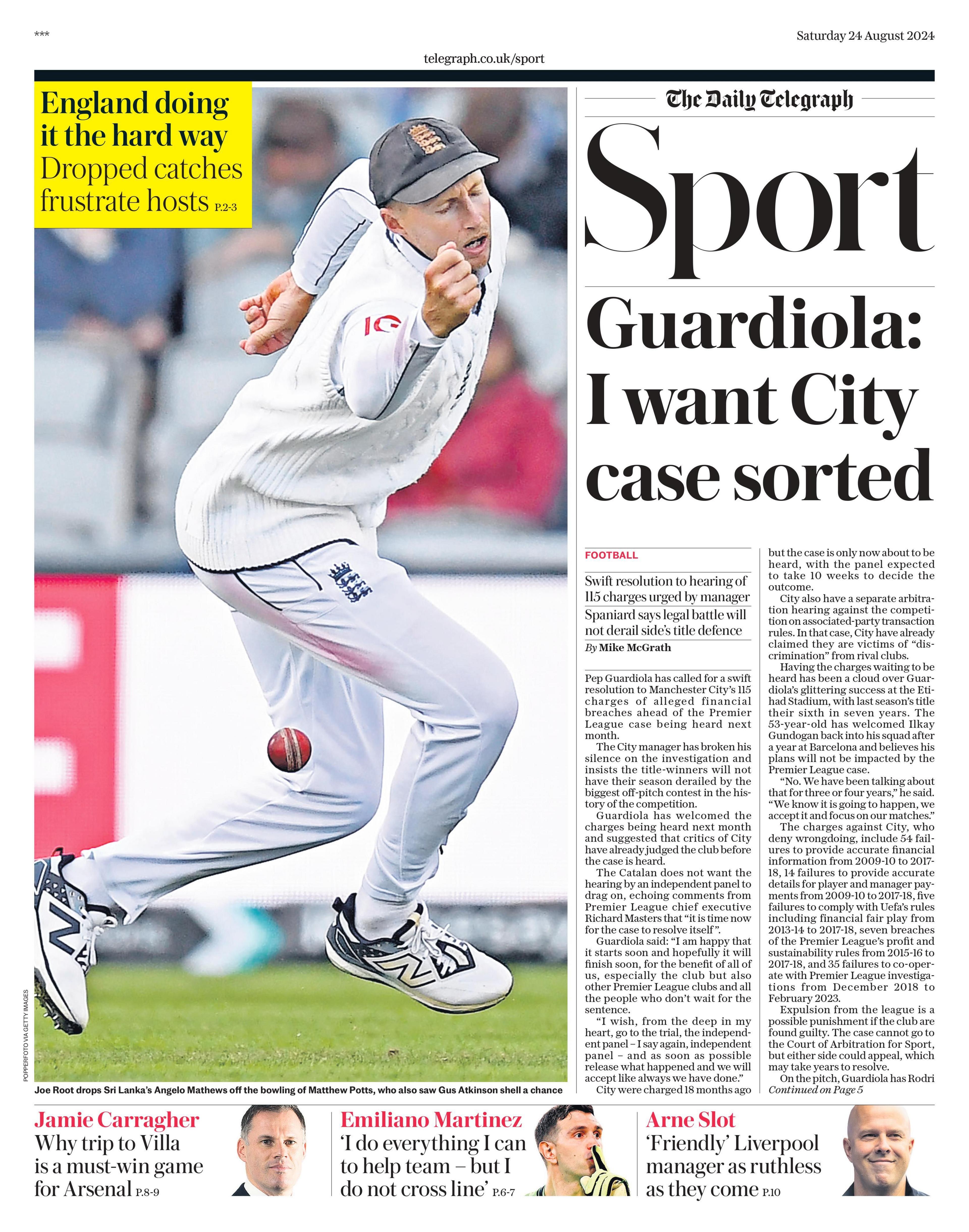 The Telegraph sport section's front page