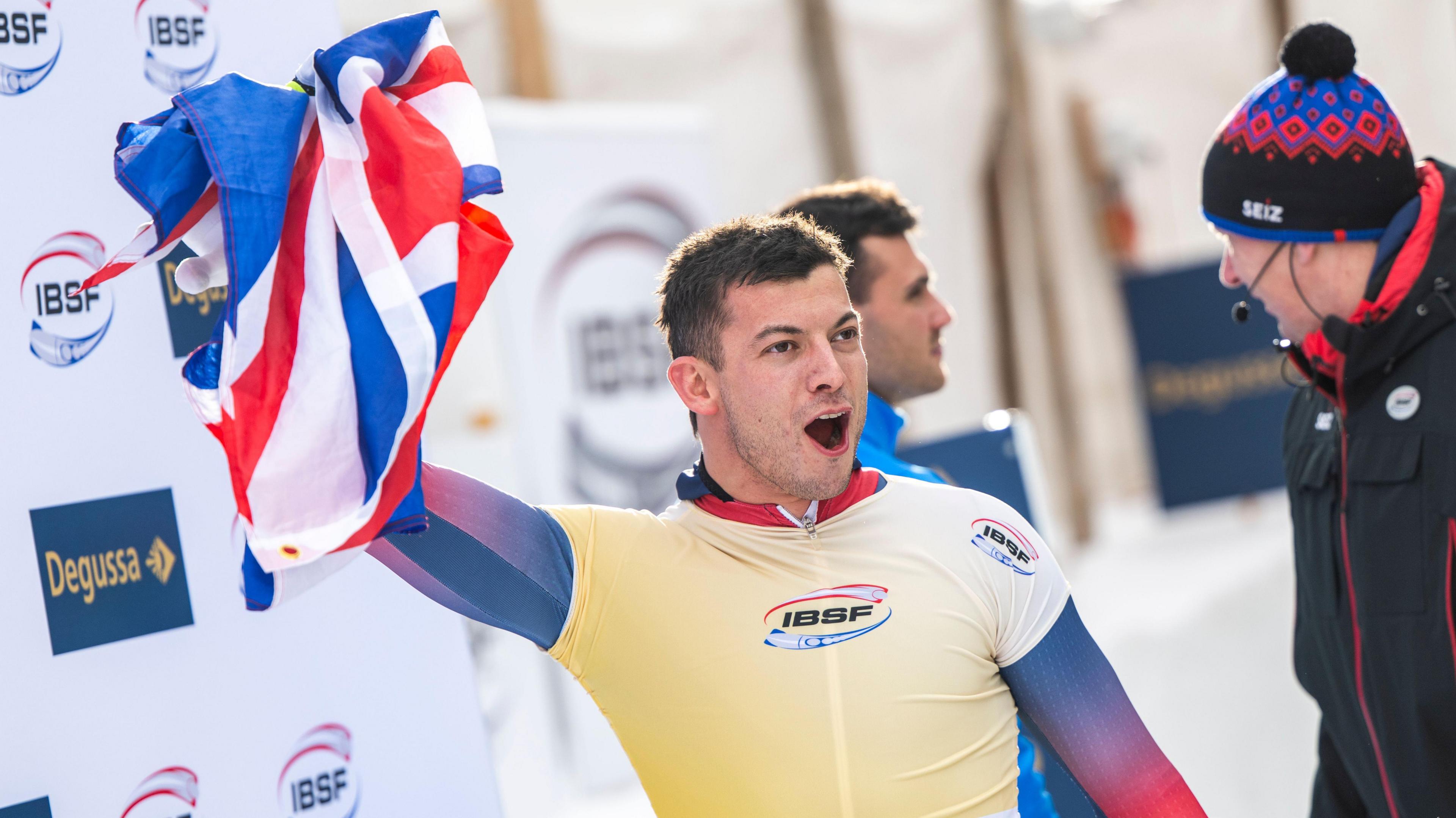 Britain's Matt Weston celebrates World Cup and European gold in Switzerland.