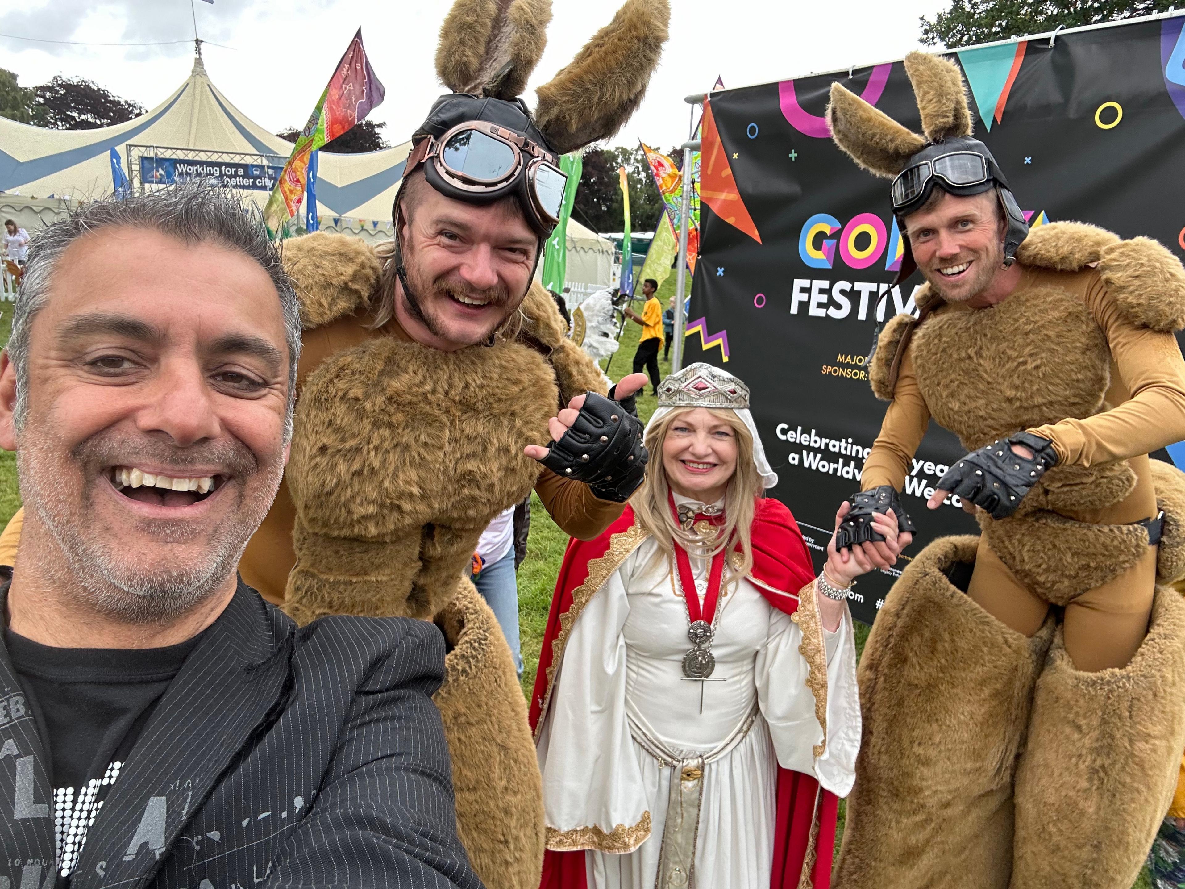 BBC Radio CWR's Phil Upton with Lady Godiva and giant kangaroos