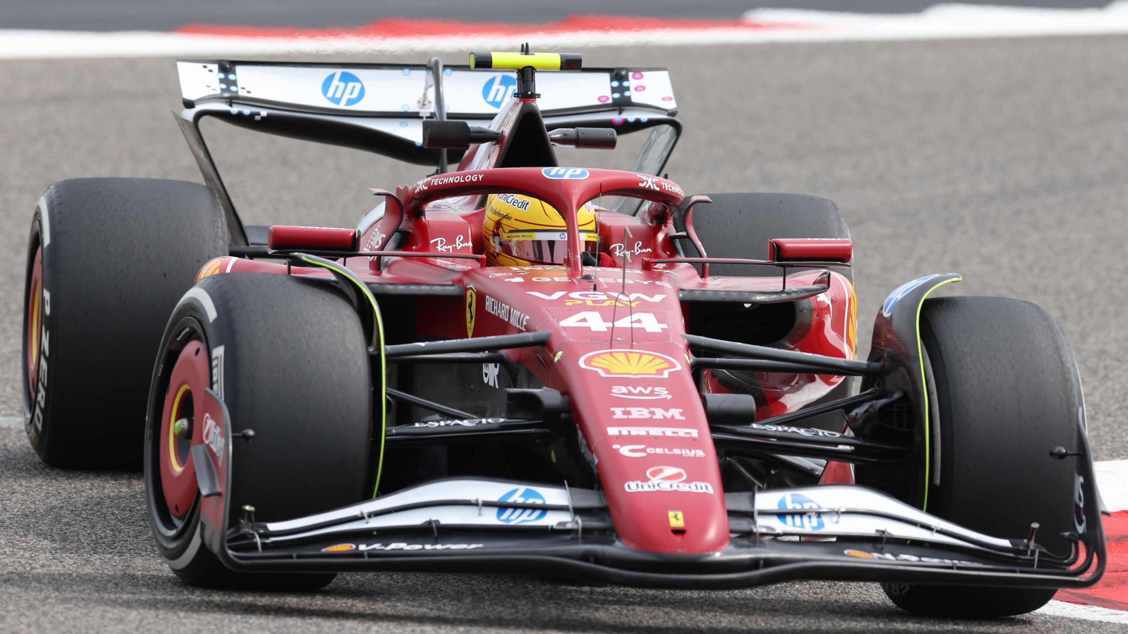 Lewis Hamilton's Ferrari takes a corner during pre-season testing in Bahrain in February