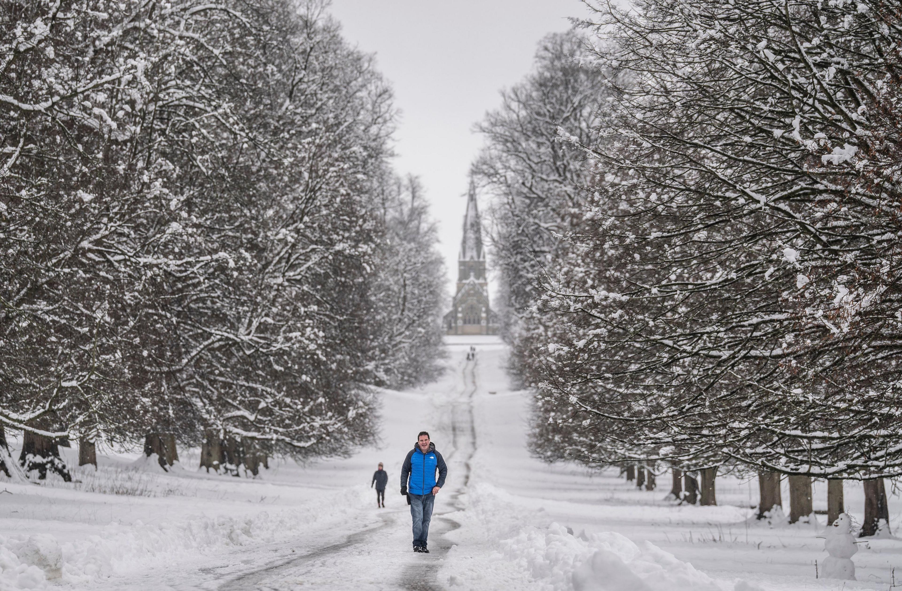People walking in the snow in Studley Royal park in North Yorkshire. Snowy trees to each side, and a church in the background