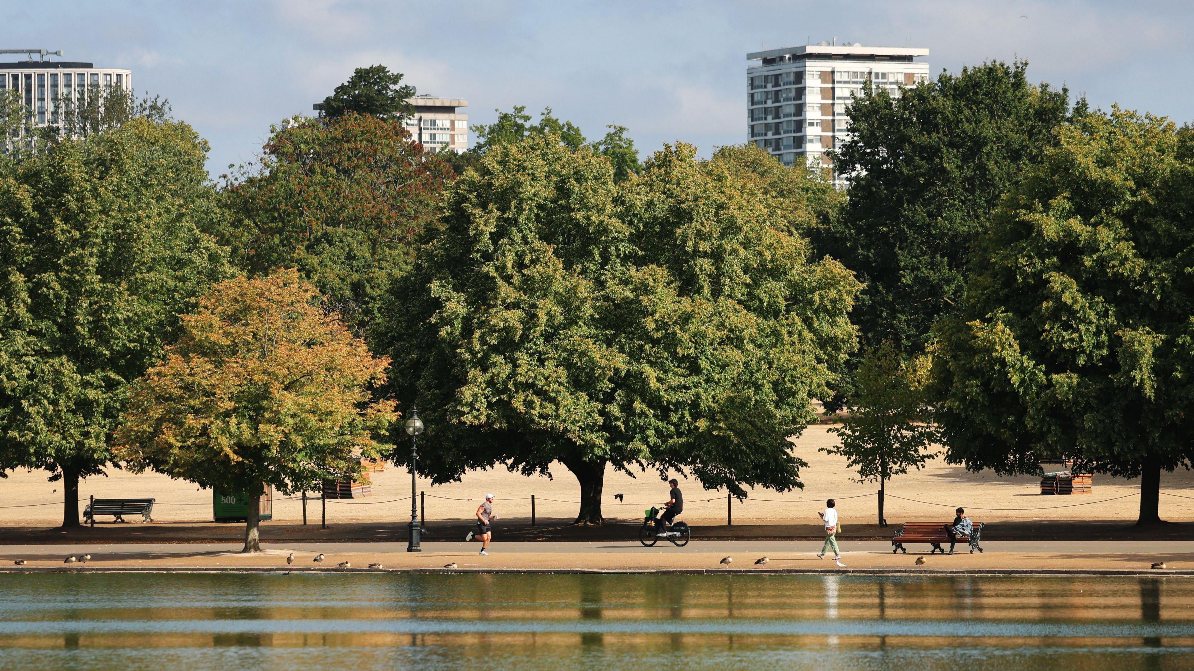 People walk, run and cycle through the parched park lands of Hyde Park during the drought in central London. 