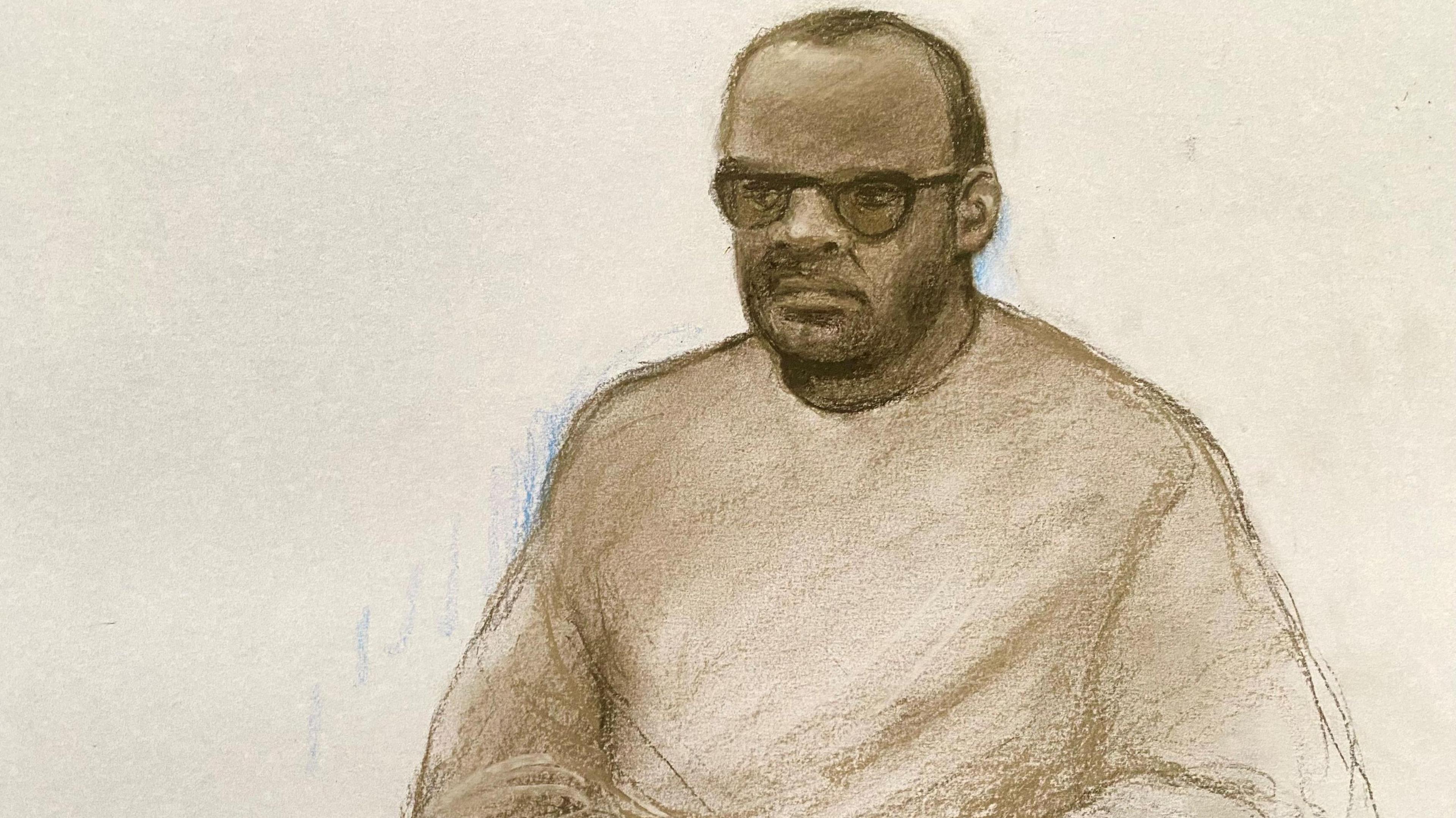 A brown and white court sketch of Simon Levy, wearing a long sleeved top and sunglasses. He has short dark hair which appears to be receeding at the top and dark skin. 