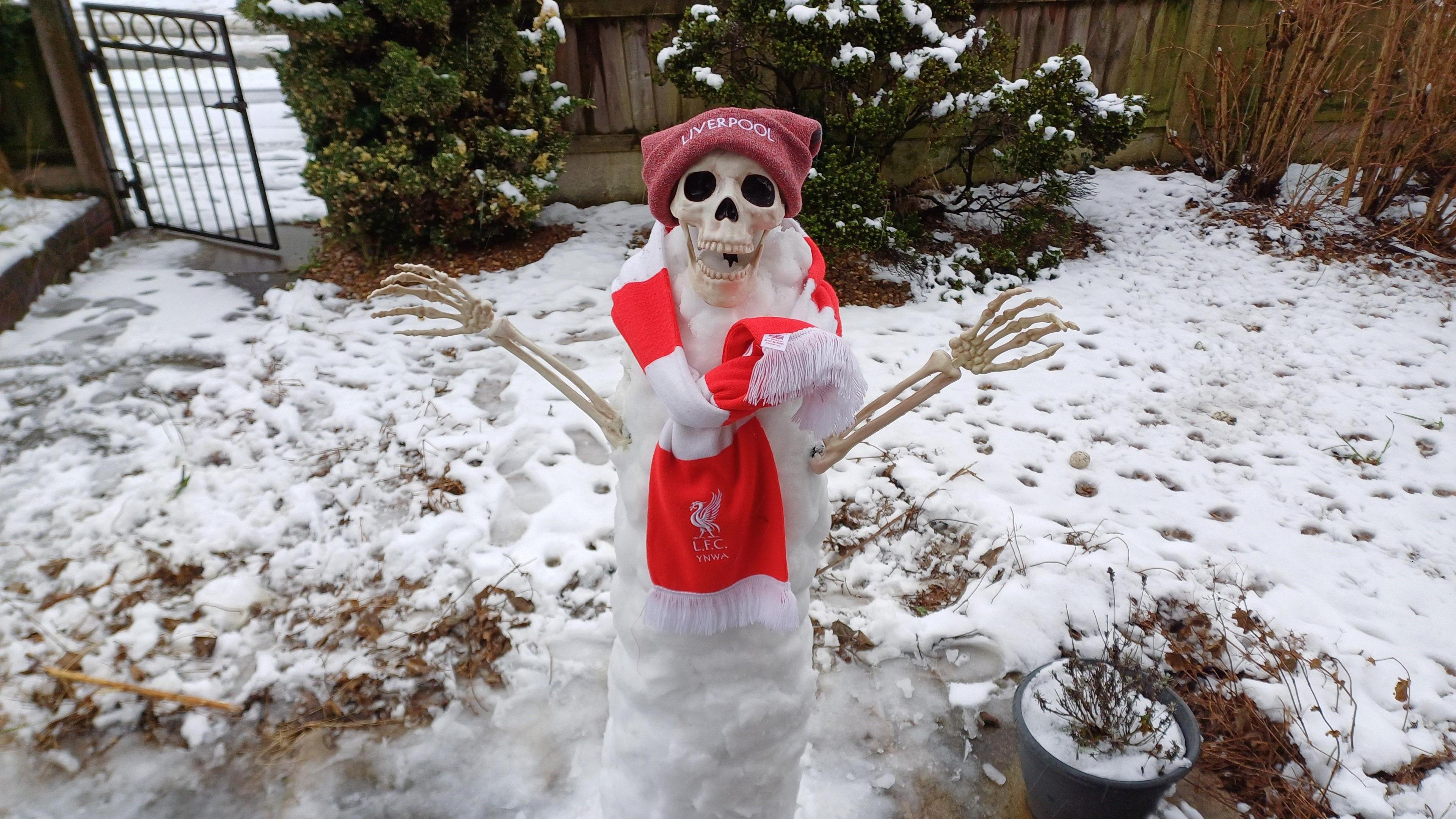 A snowman with a skeleton mask and arms wearing a Liverpool FC scarf and hat in a snow-covered garden.  