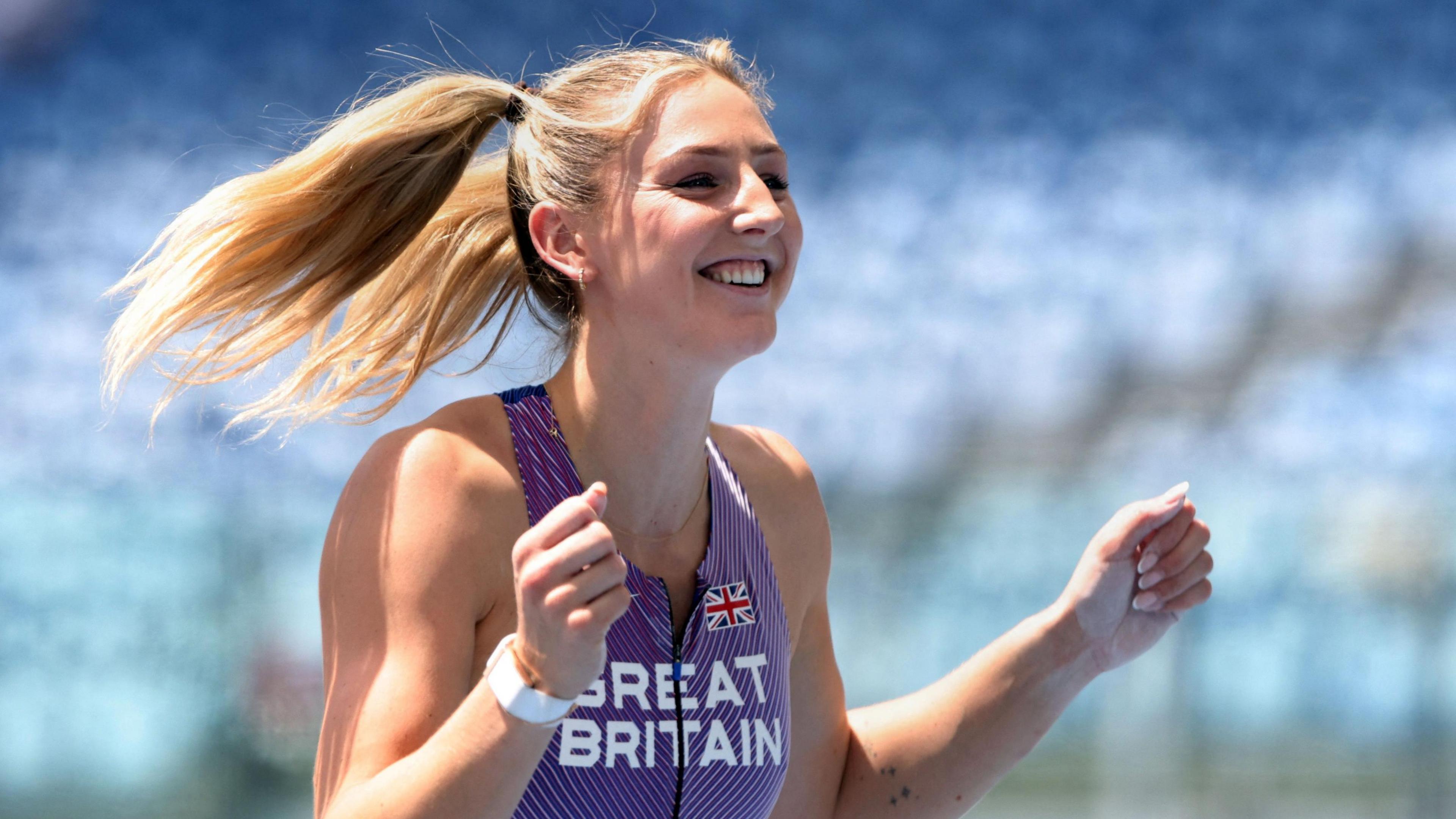 Molly Caudery smiles during competition at the European Athletics Championships in 2024