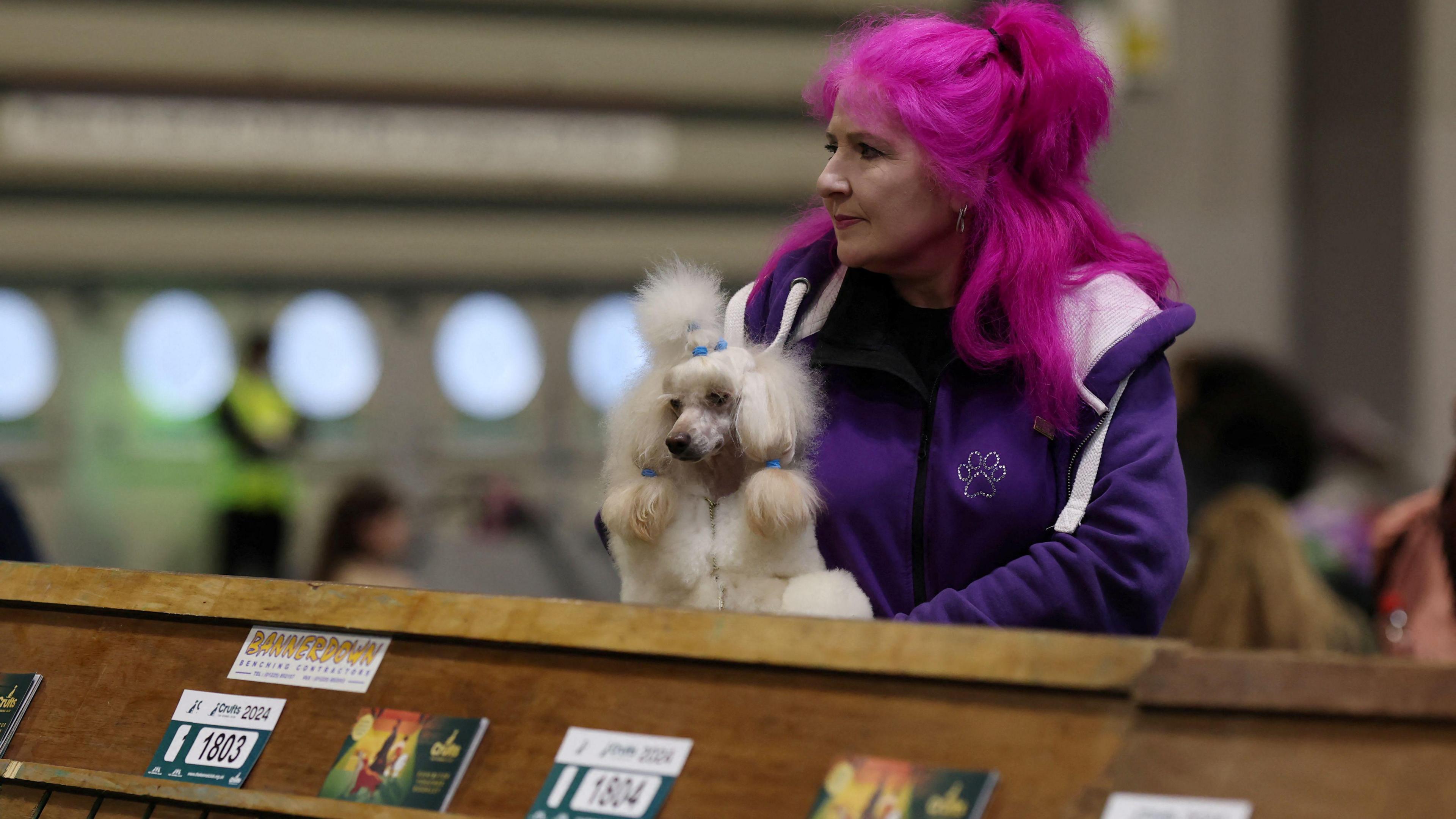 A woman carries a Toy Poodle 