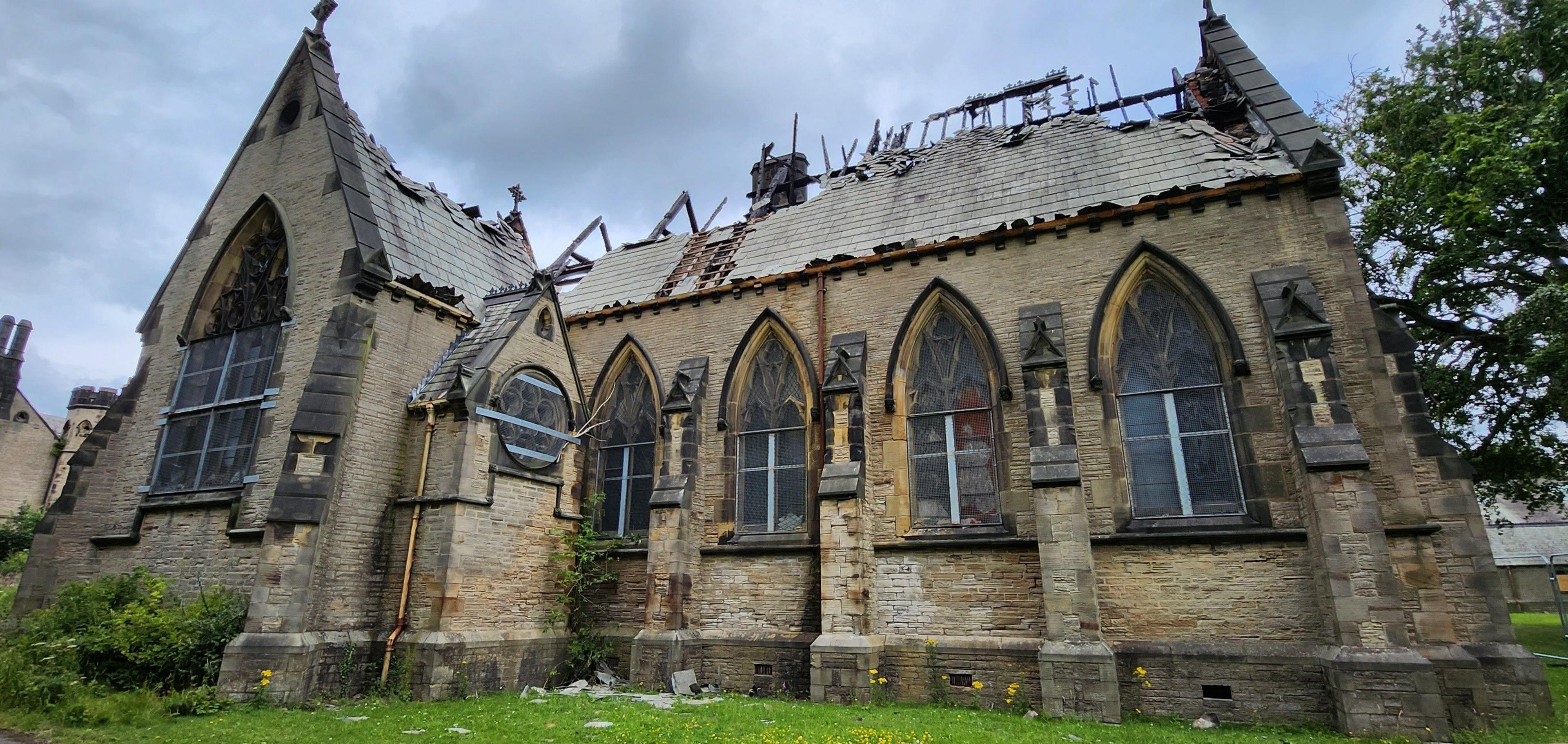 Fire damaged St Aloysius Chapel, Ushaw College, County Durham