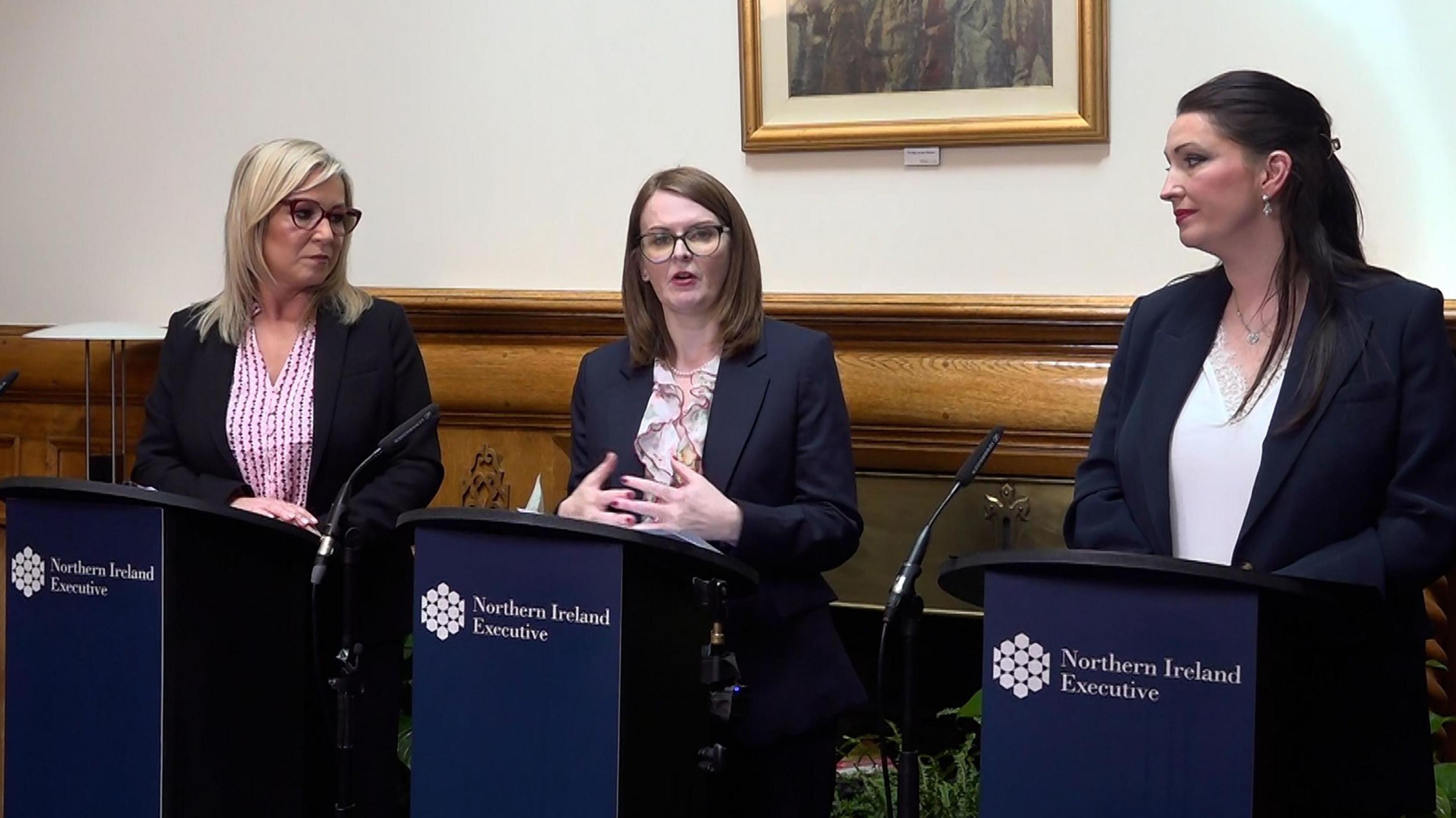 Michelle O'Neill, Caoimhe Archibald and Emma Little-Pengelly