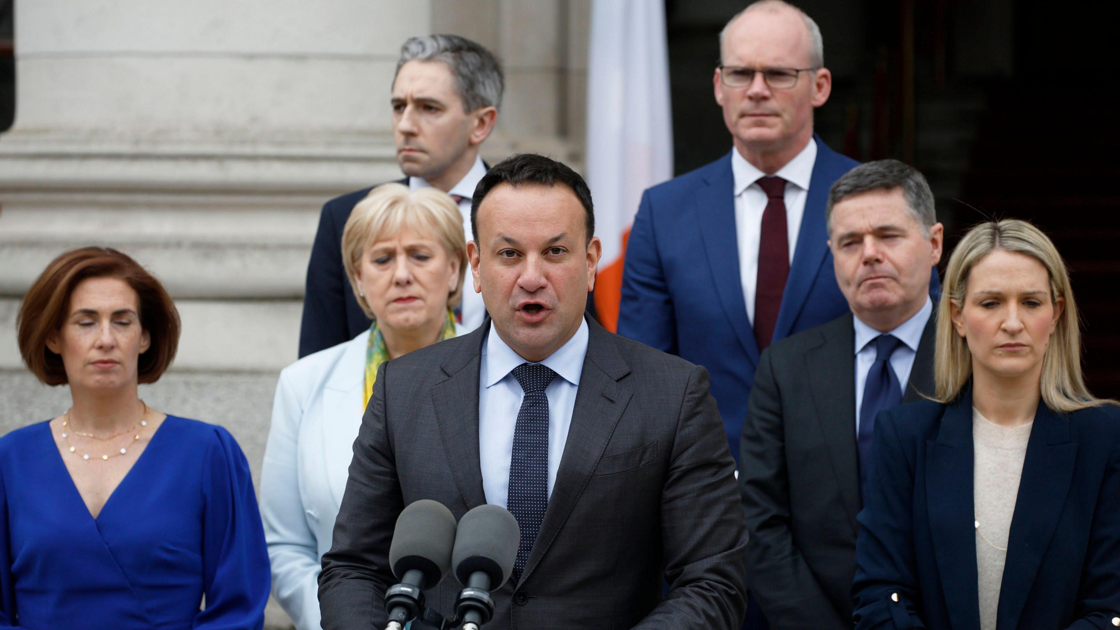 Leo Varadkar and party members speaking to media 