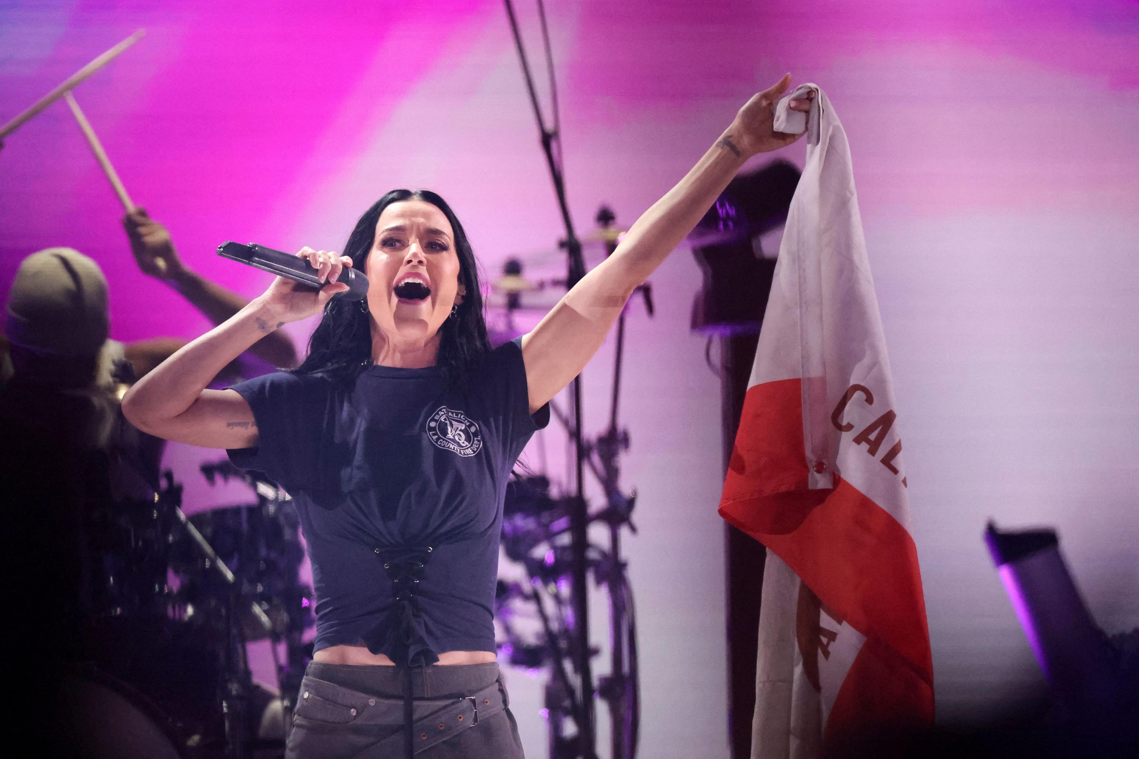 katy Perry performing at LA fireaid concert