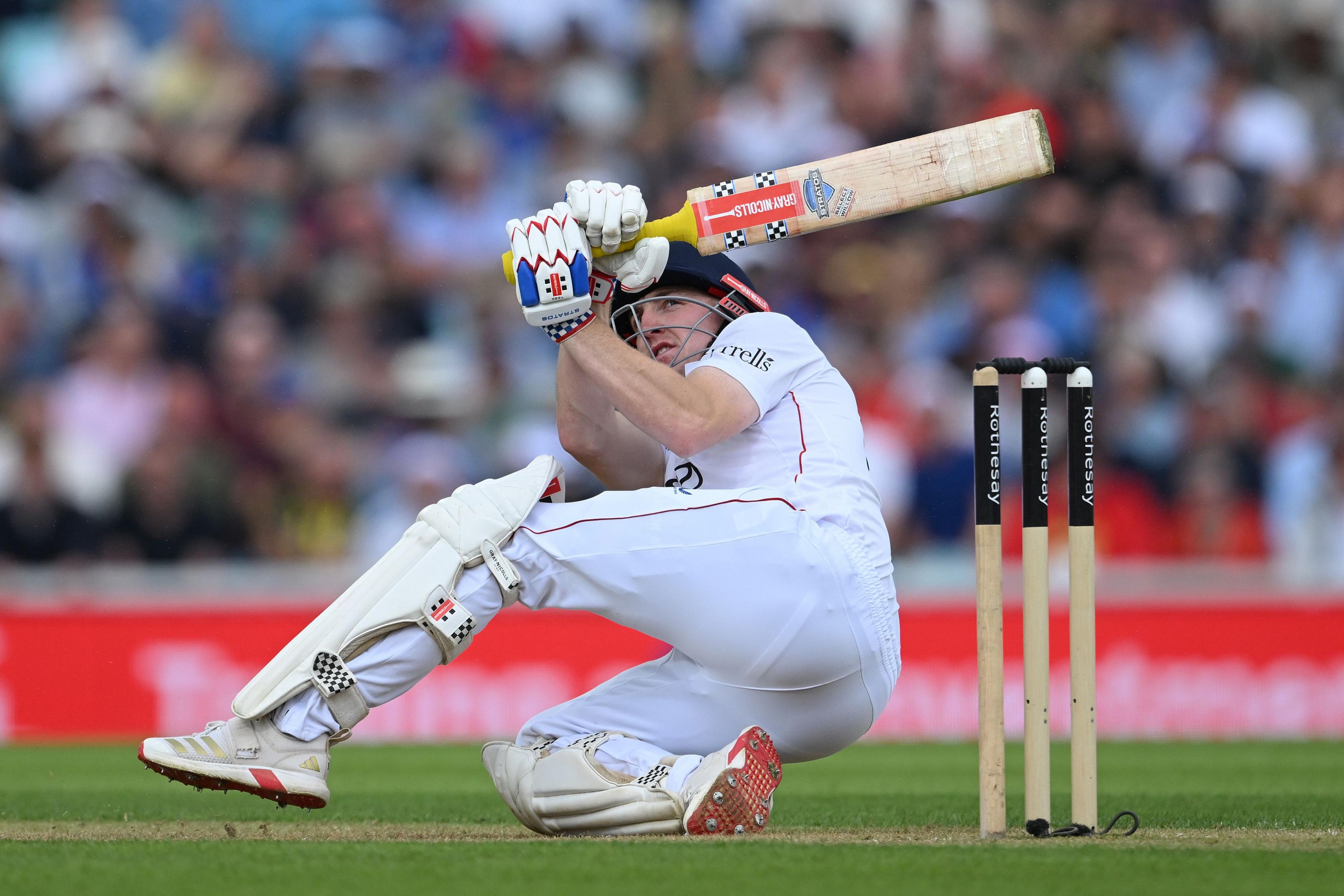 England's Harry Brook hits a six off the bowling of India's Mohammed Siraj during Day Two of the 5th Rothesay Test Match between England and India at The Kia Oval in London. Photo by Shaun Botterill