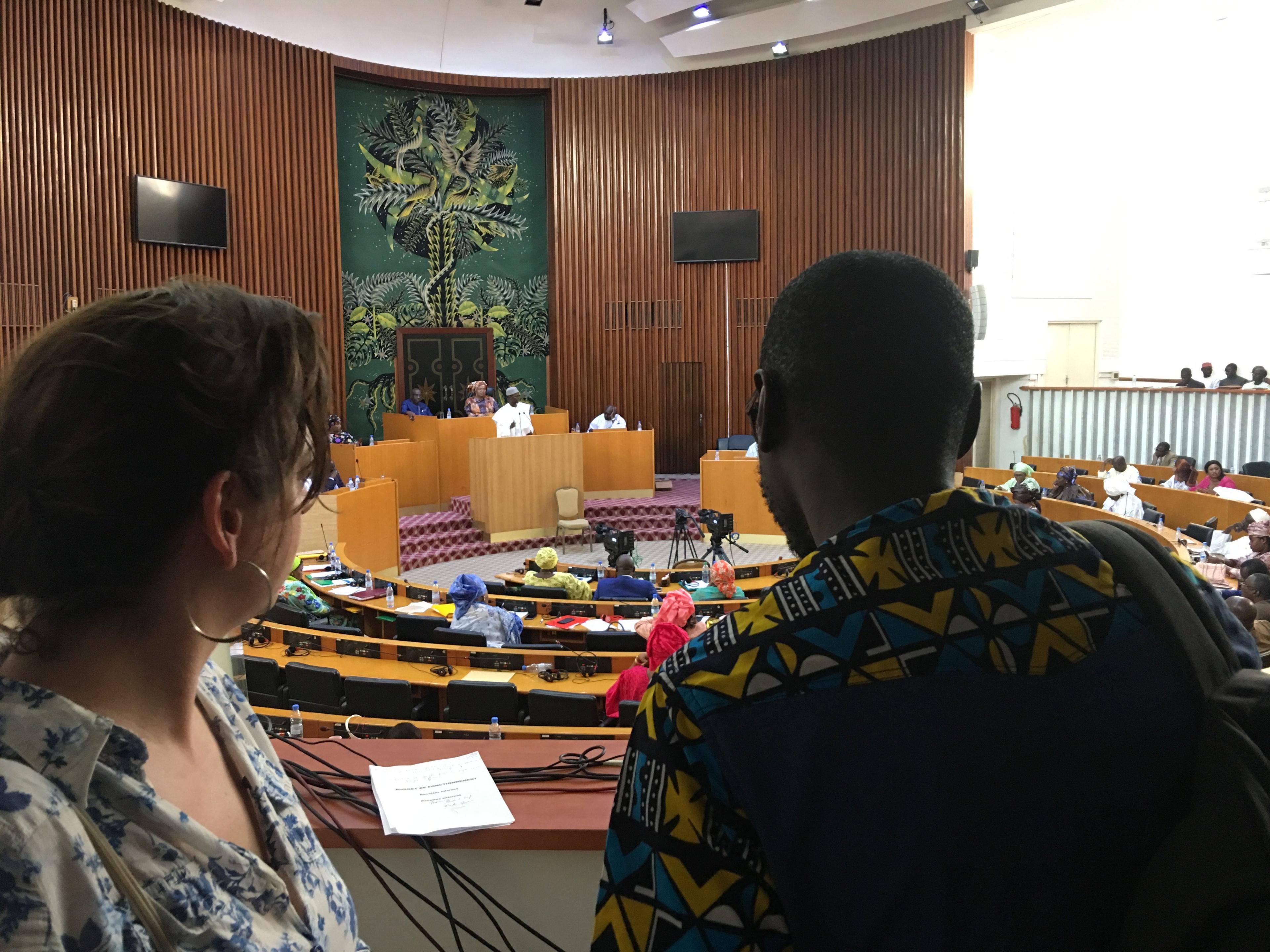 Michelle and a man watch a session in a parliament chamber