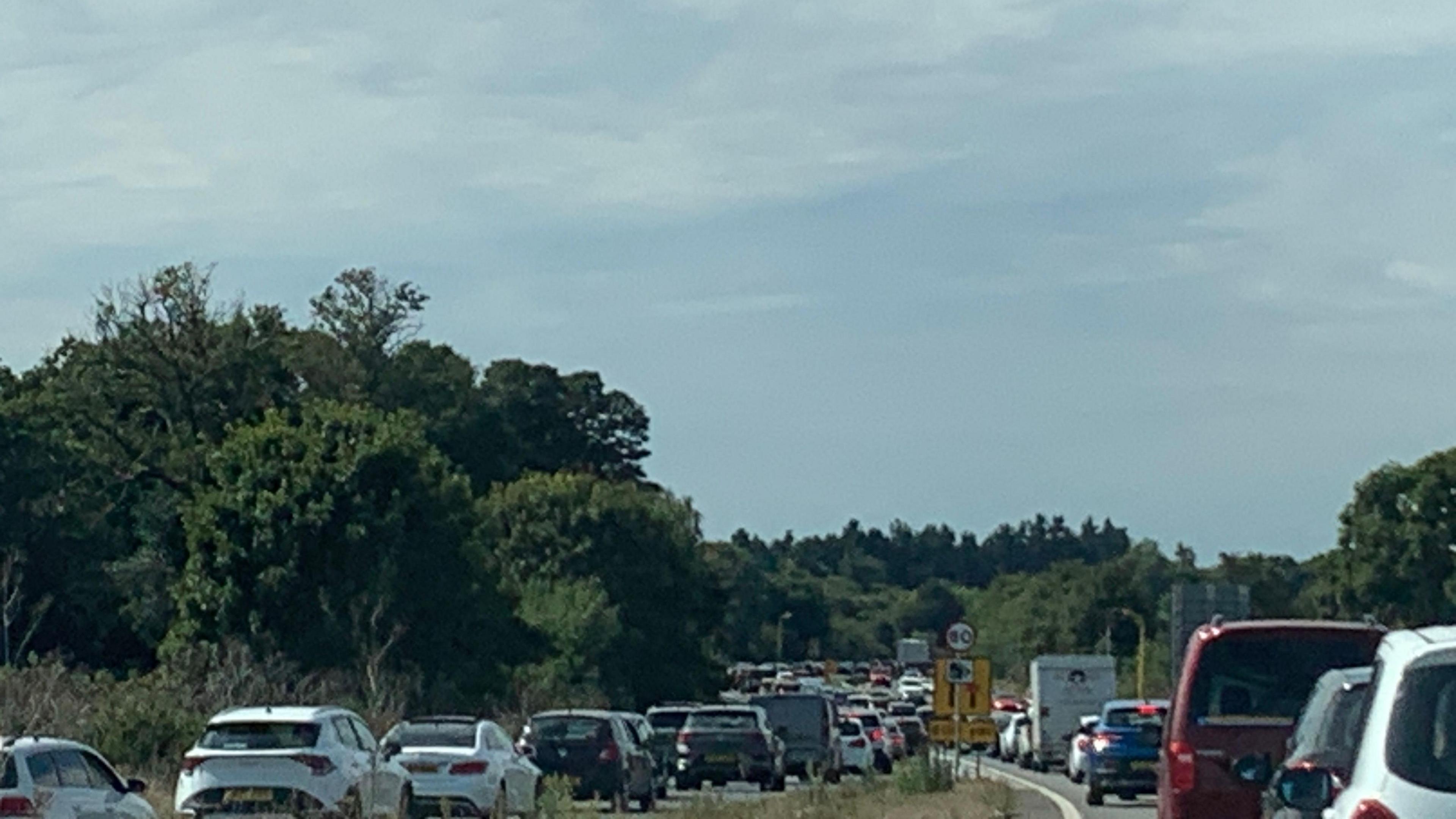 Two queues of traffic on a road leading up to a bridge. 