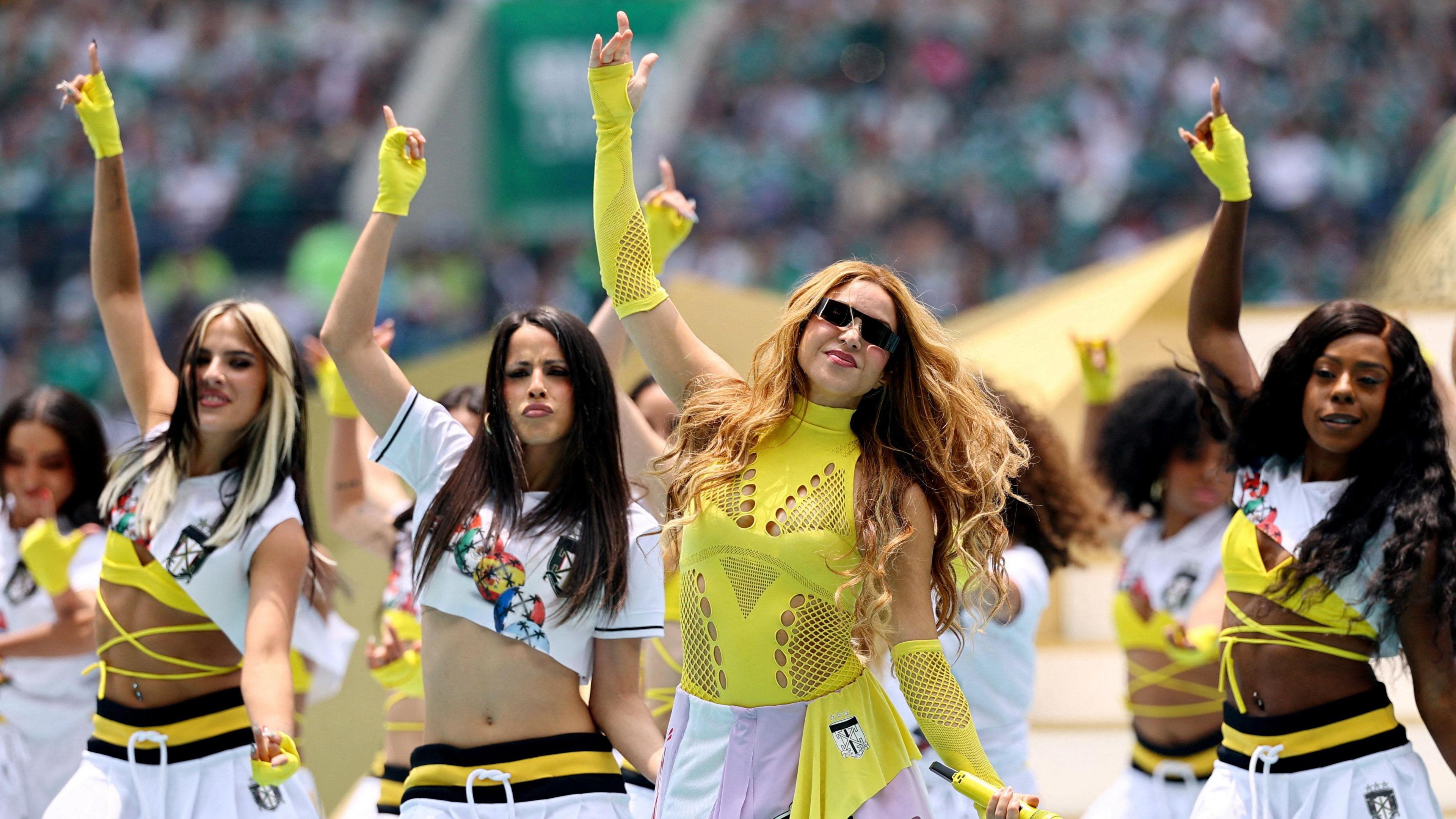Shakira and her backing dancers performing at the opening ceremony.