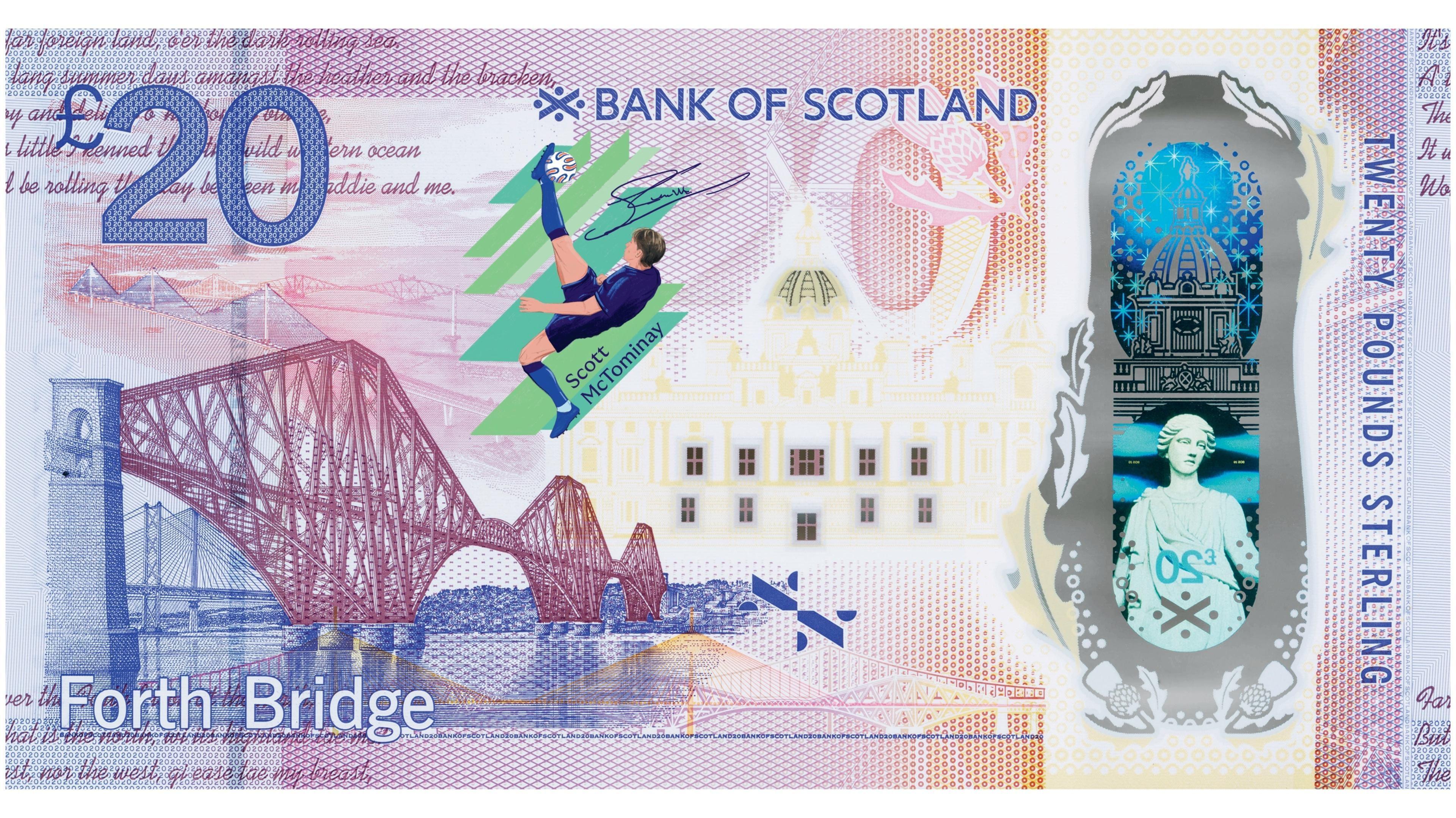 A close-up of the new banknote, featuring an image inspired by McTominay's overhead-kick goal for Scotland against Denmark, alongside an image of the Forth Bridge.