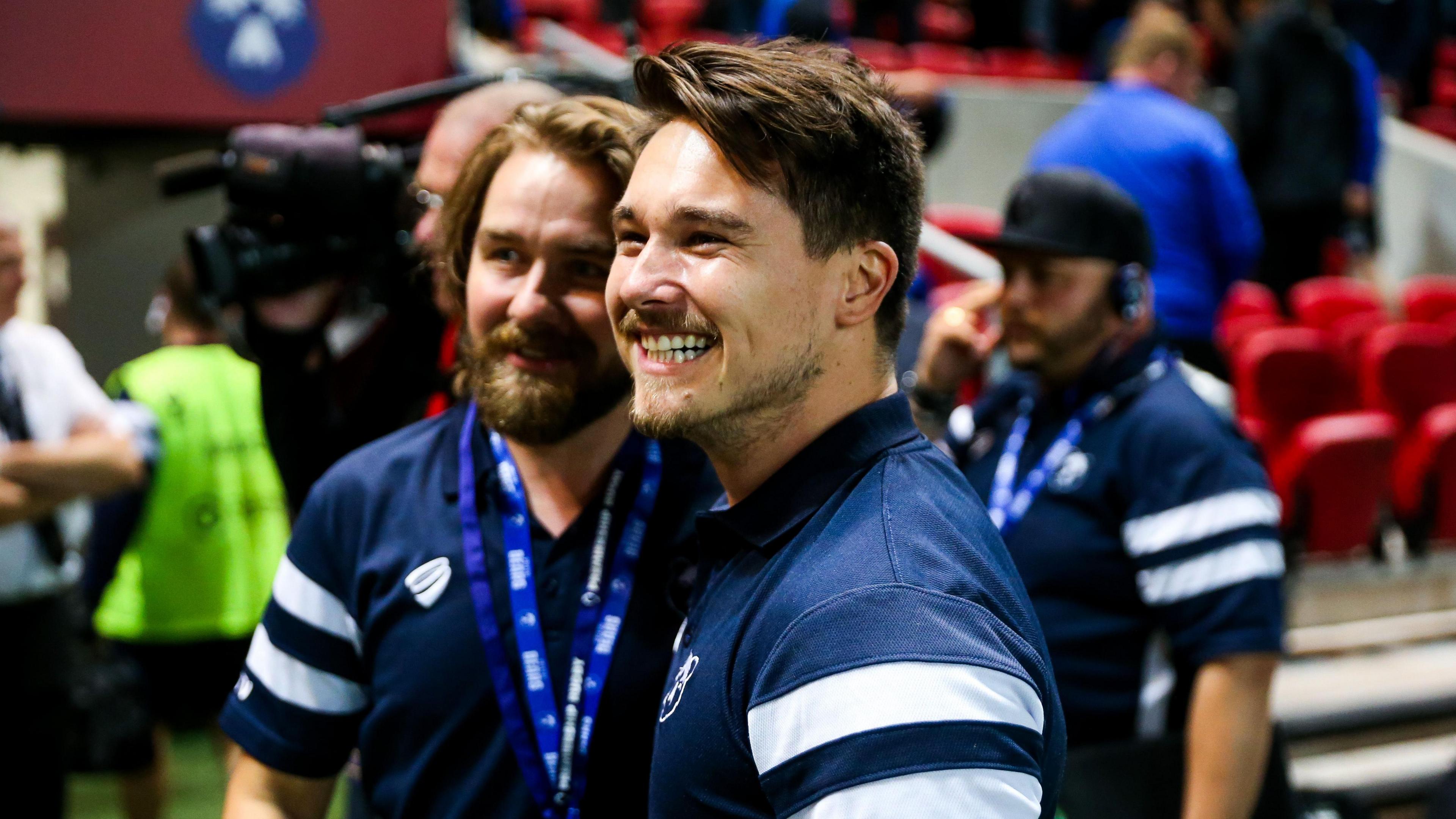 Tom Tainton (right) on the pitch after a win in 2018