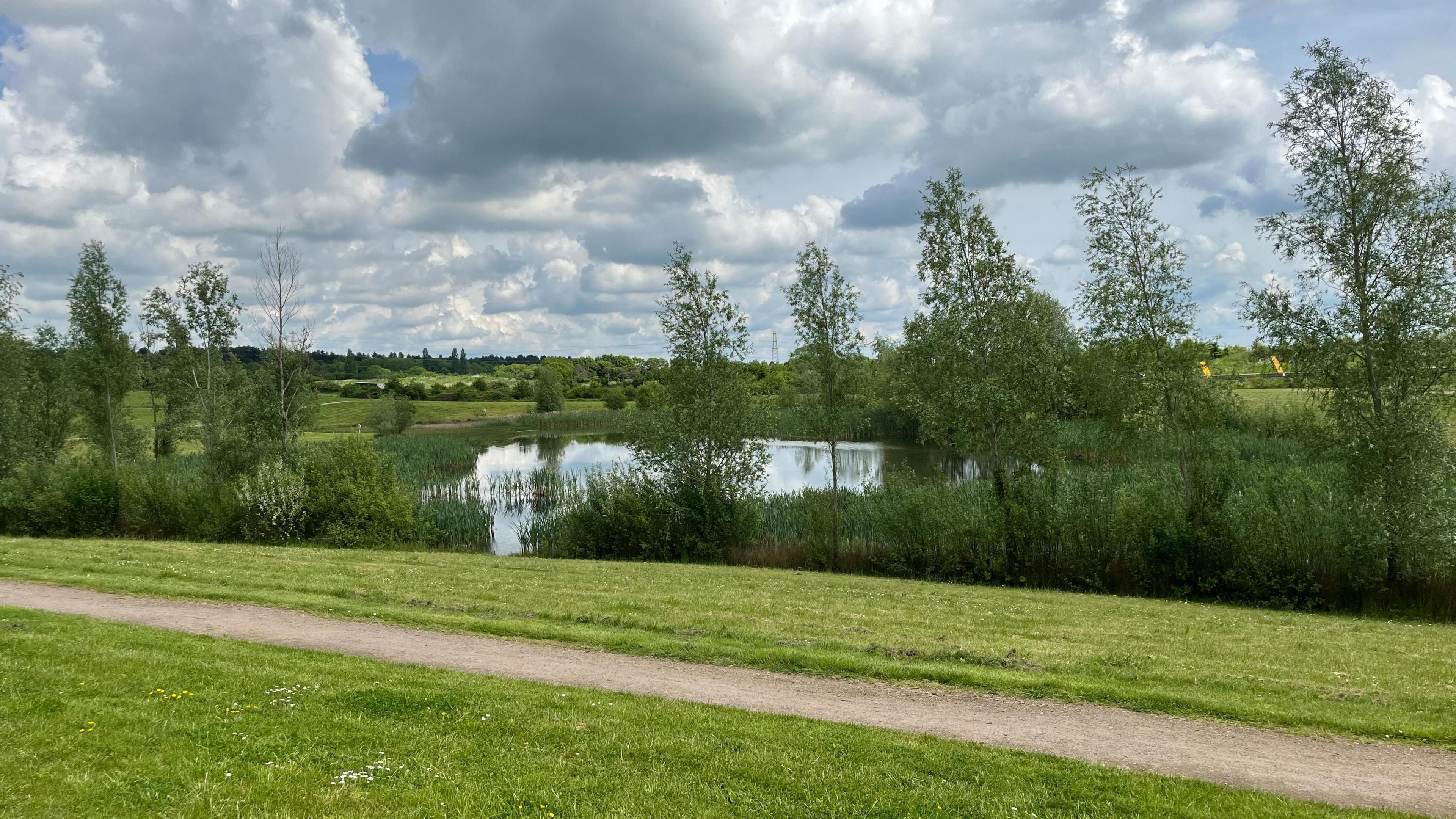 Lake surrounded by green trees, with clouds in the blue sky