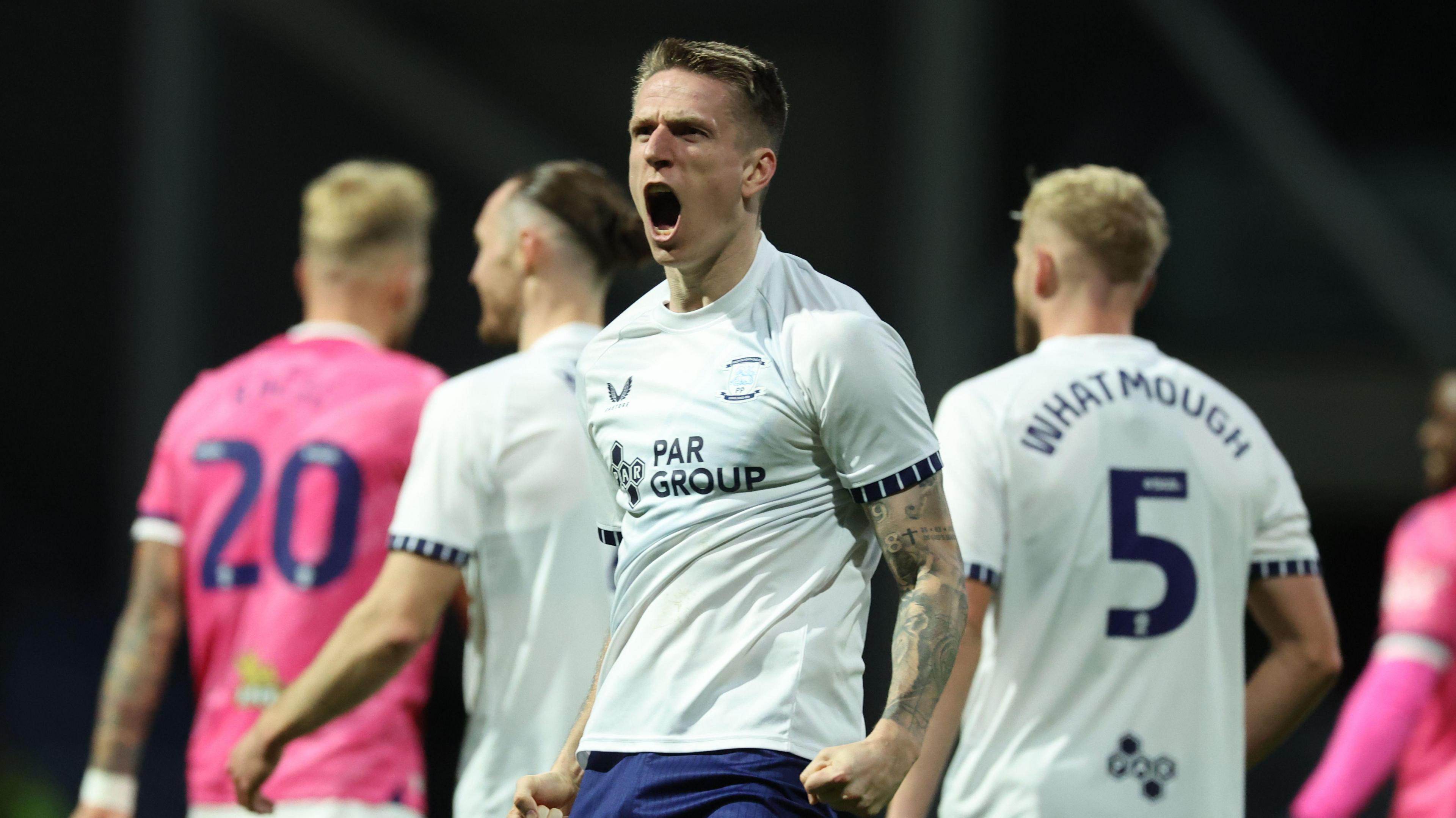 Emil Riis celebrates his early second-half equaliser against West Bromwich Albion at Deepdale