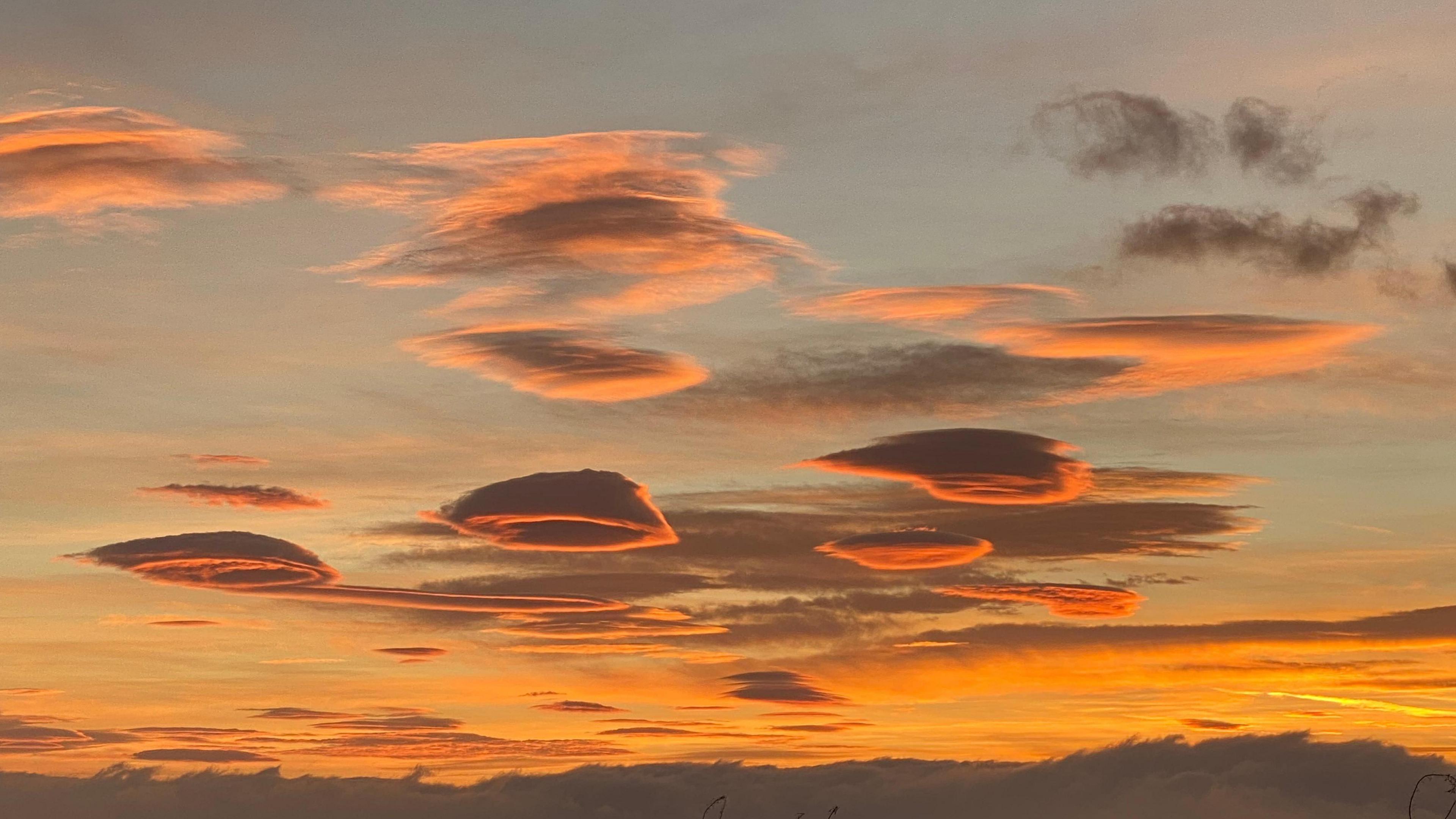 Circular clouds float in the sky at sunrise