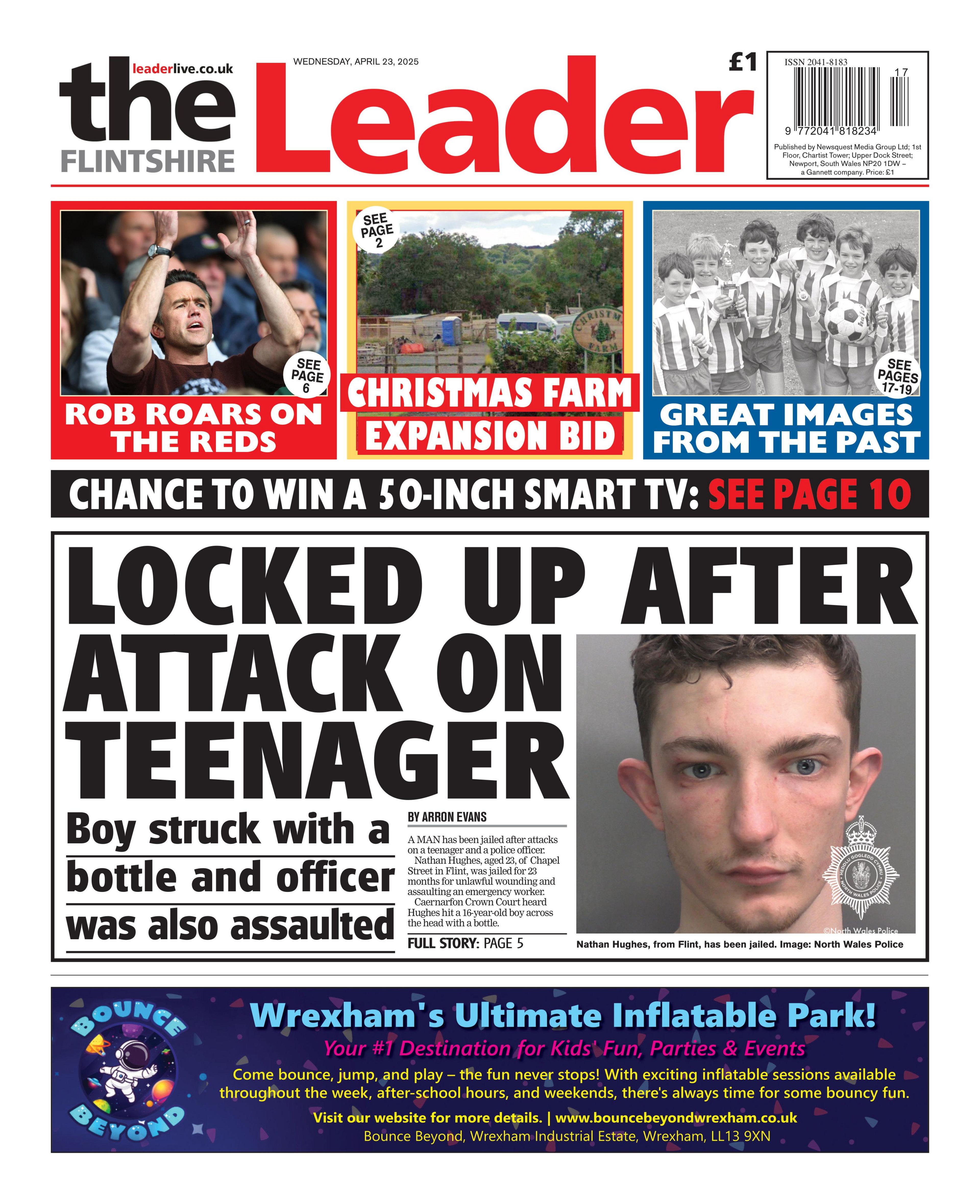 Flintshire Leader front page with police custidy image of man and headline "Locked up after attack on teenager"