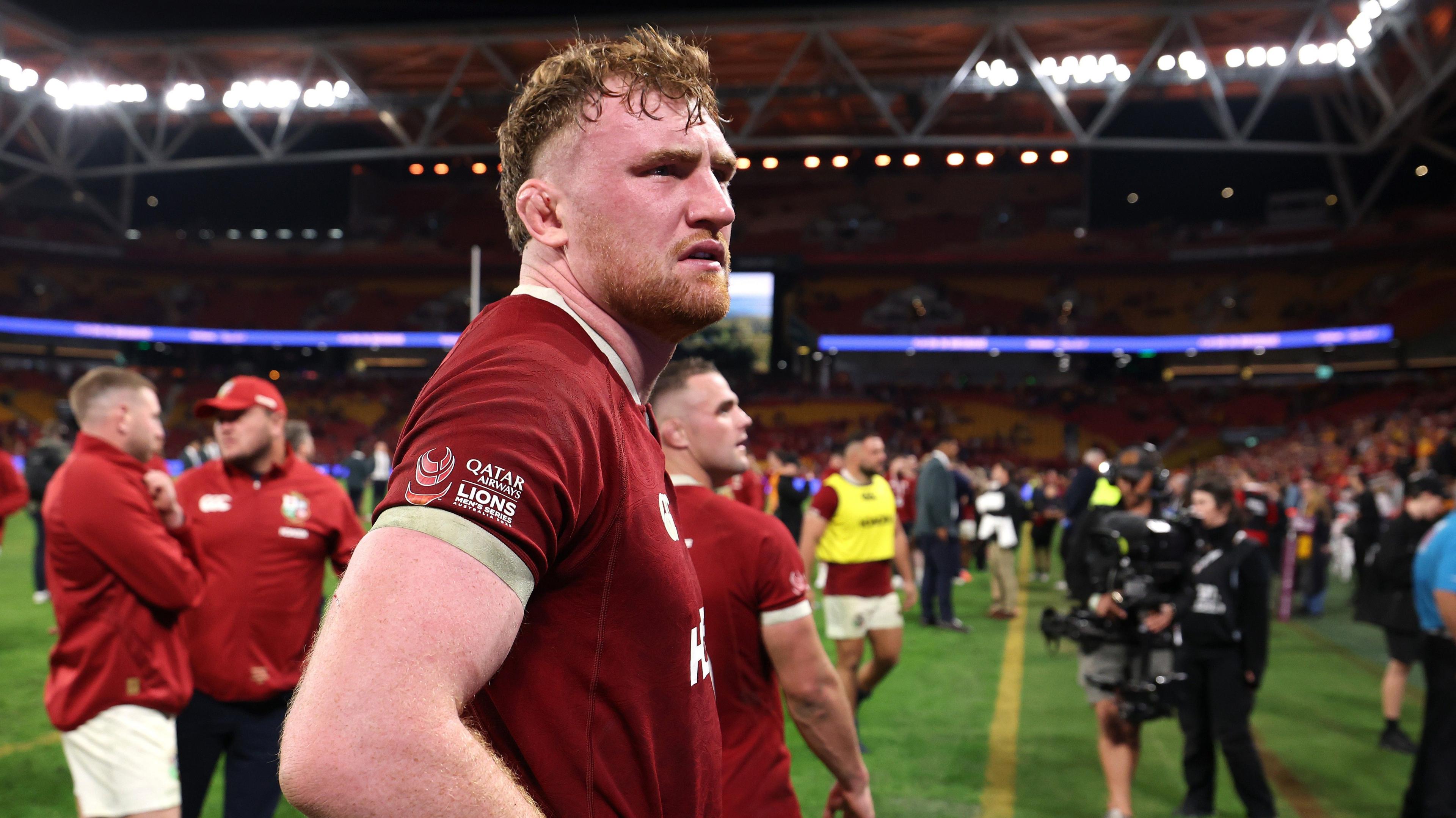 Ollie Chessum looks on after Lions' first-Test win over Australia