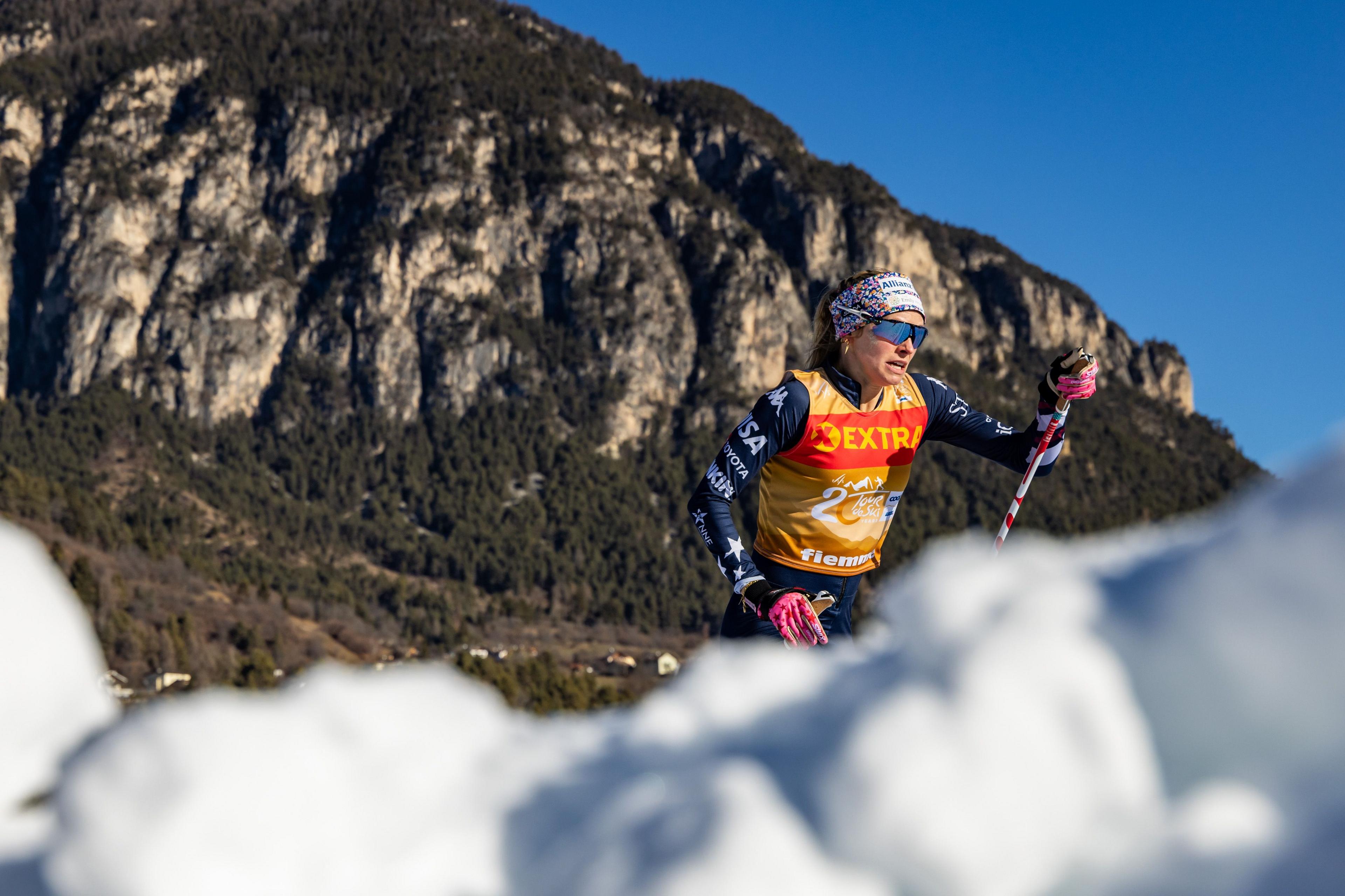 Jessie Diggins in action during the Individual Sprint Qualification at the FIS Cross-Country World Cup - Tour de Ski Val di Fiemme in Val di Fiemme, Italy. Photo by Grega Valancic