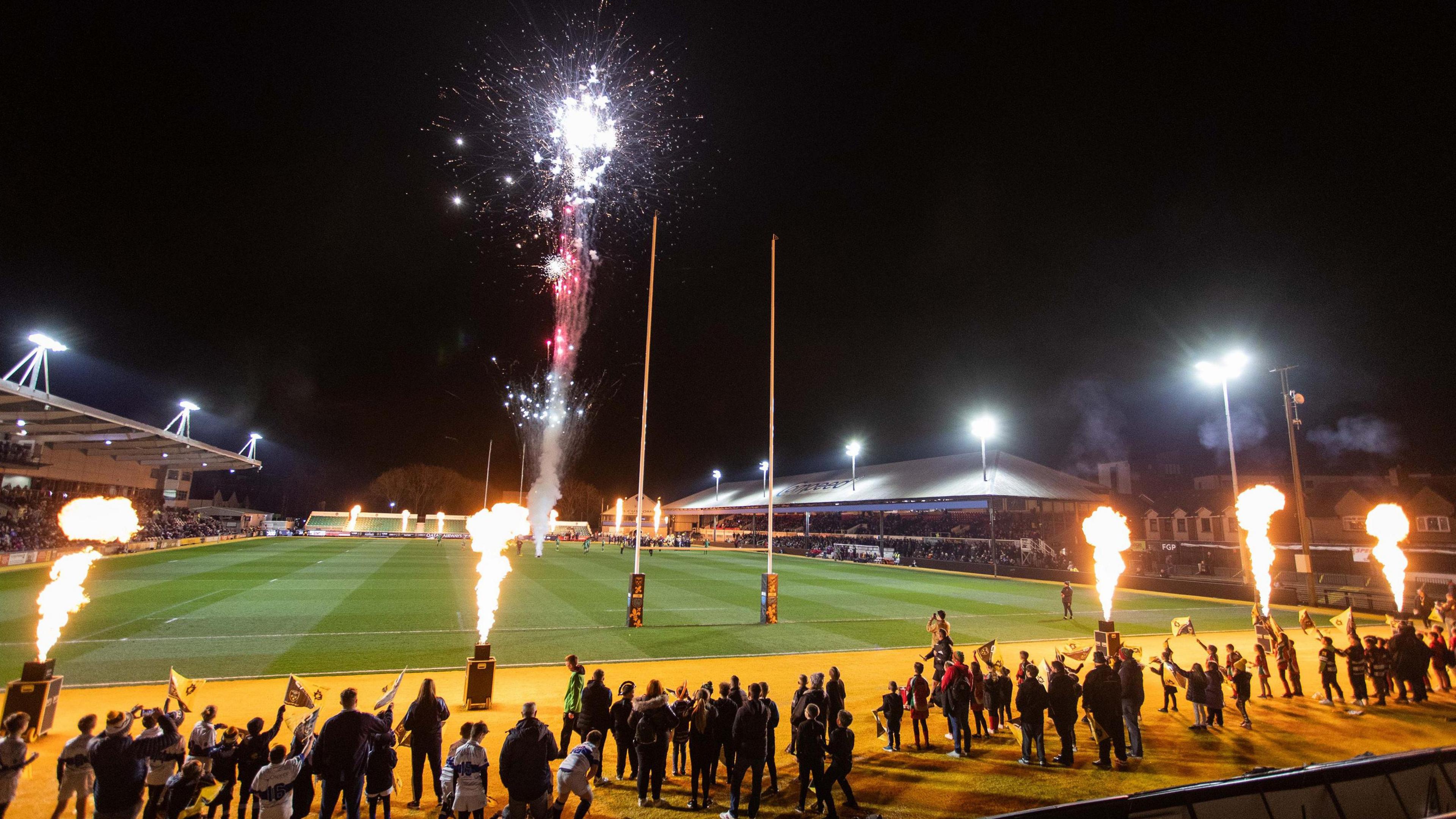 Fireworks explode at Rodney Parade ahead of a Dragons rugby match