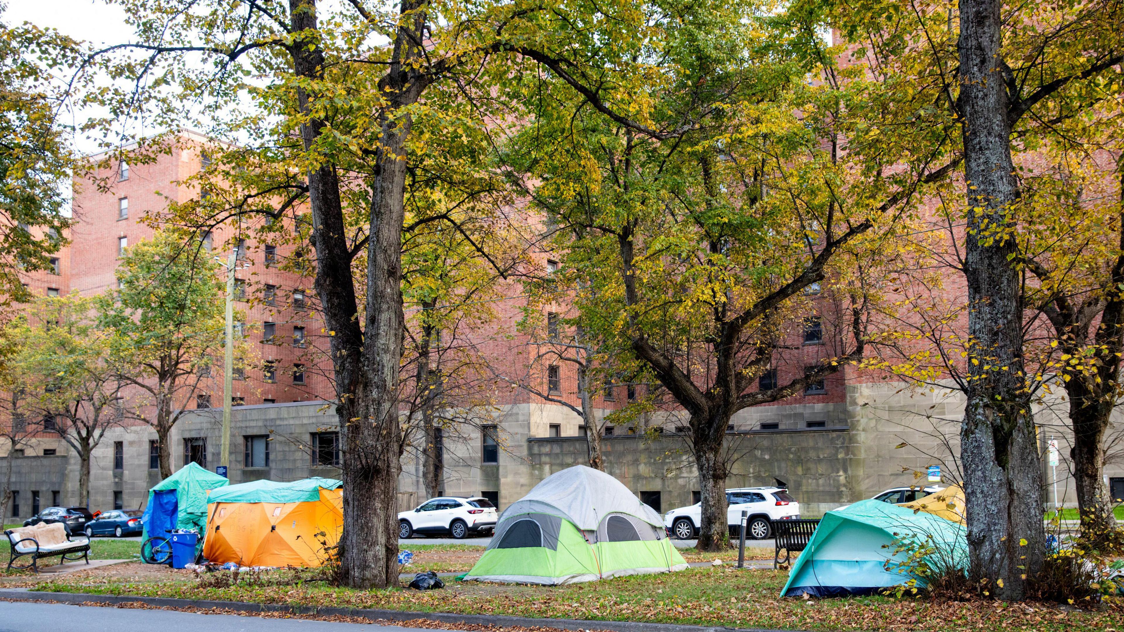 An image showing four tents set up on a grassy median in downtown Halifax 