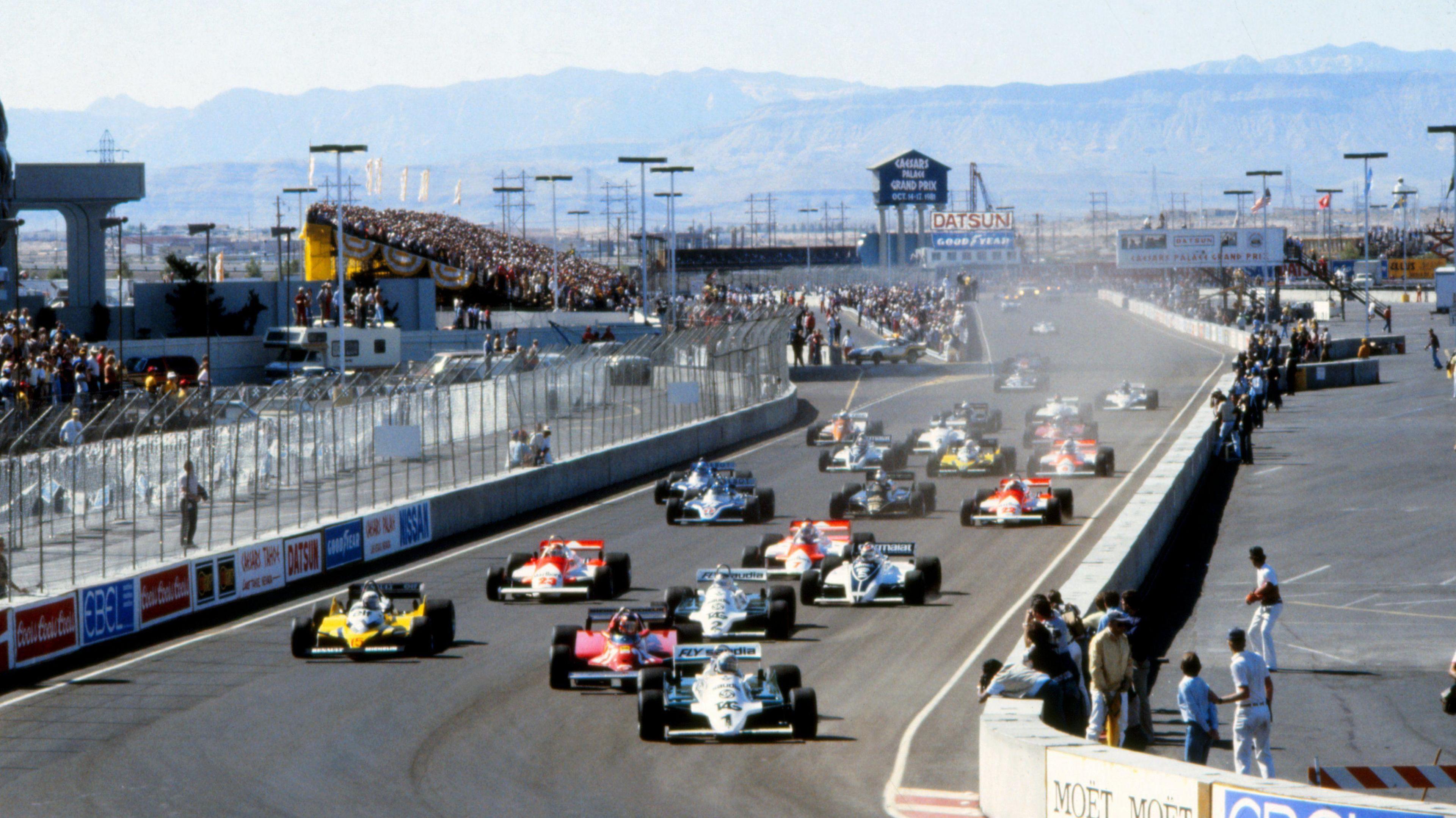 The start of the 1981 Caesars Palace Grand Prix, with Williams' Alan Jones leading into the first corner