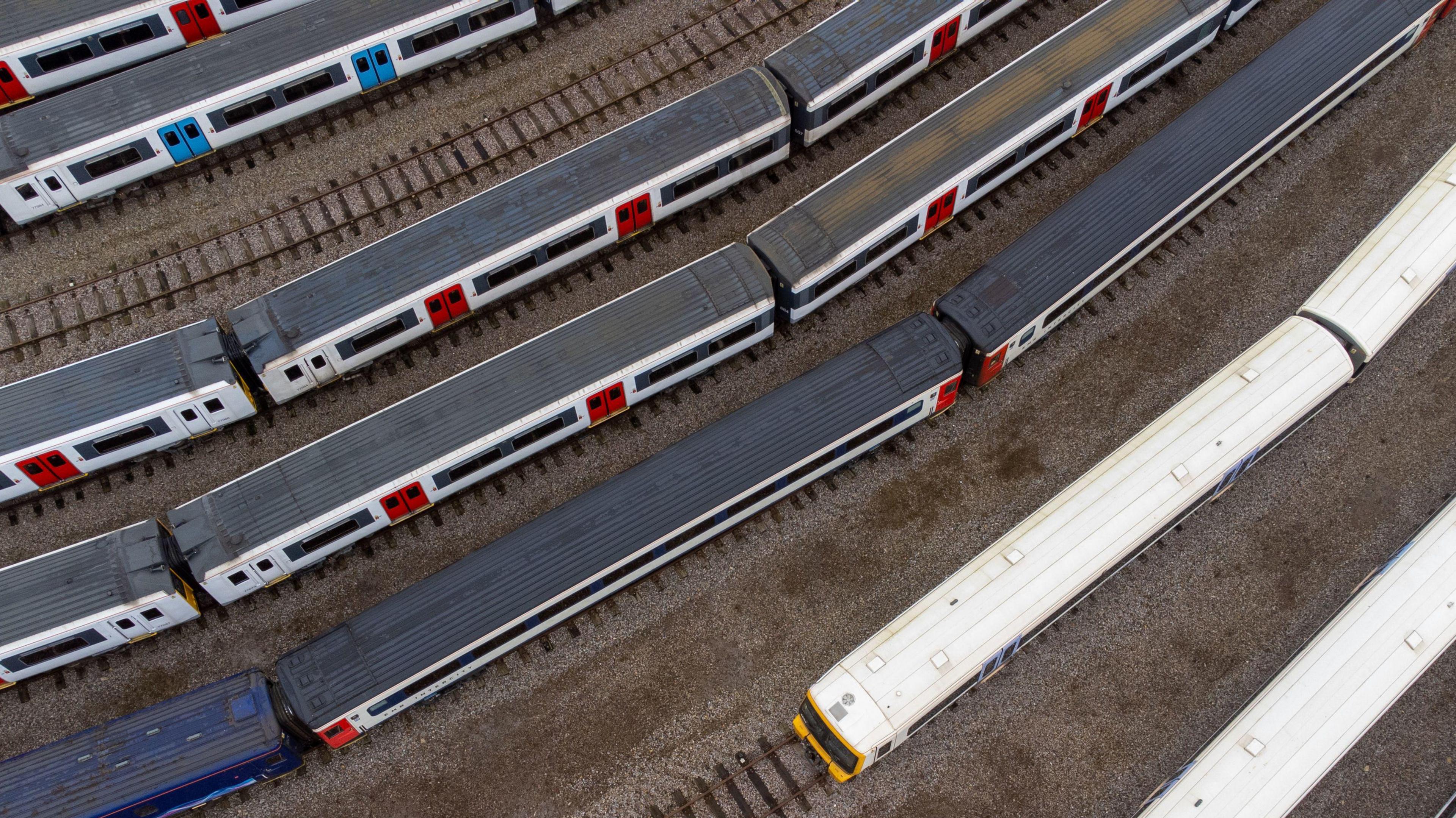 An aerial shot of train carriages in a depot at Ely.