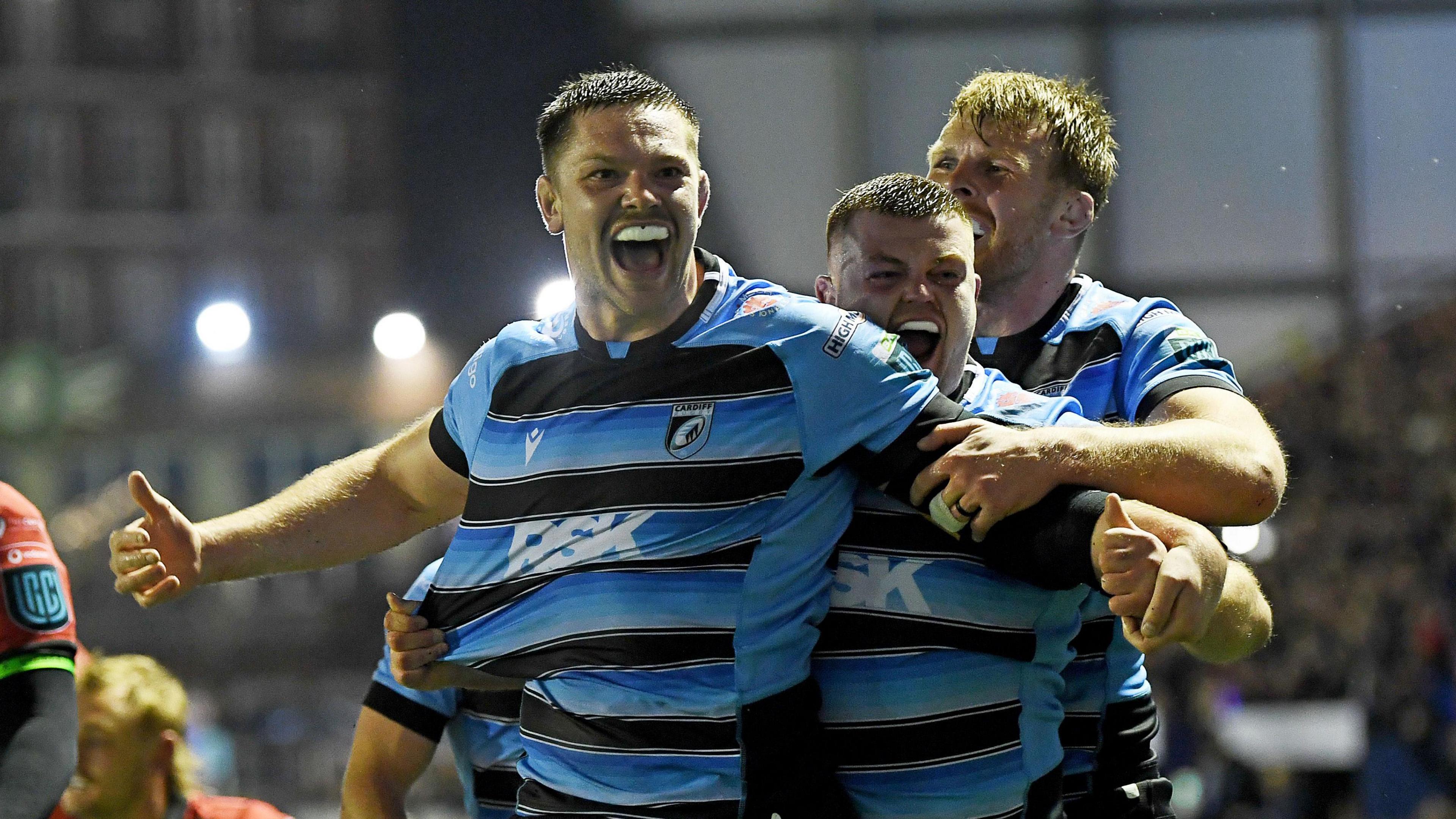 Ben Donnell celebrates scoring a try for Cardiff