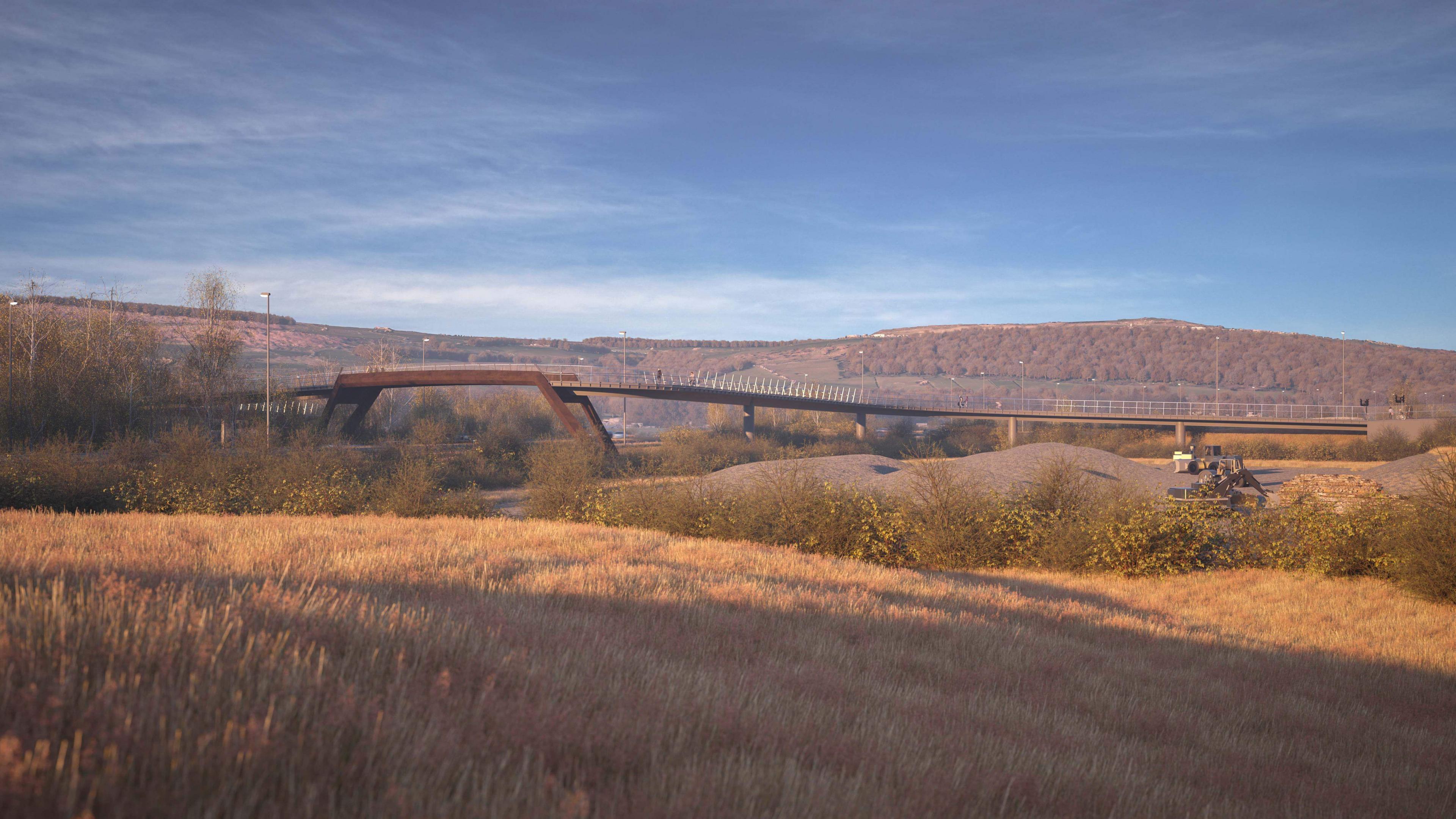 A computer-generated impression of the footbridge stretching over the dual carriageway with fields in the foreground.  