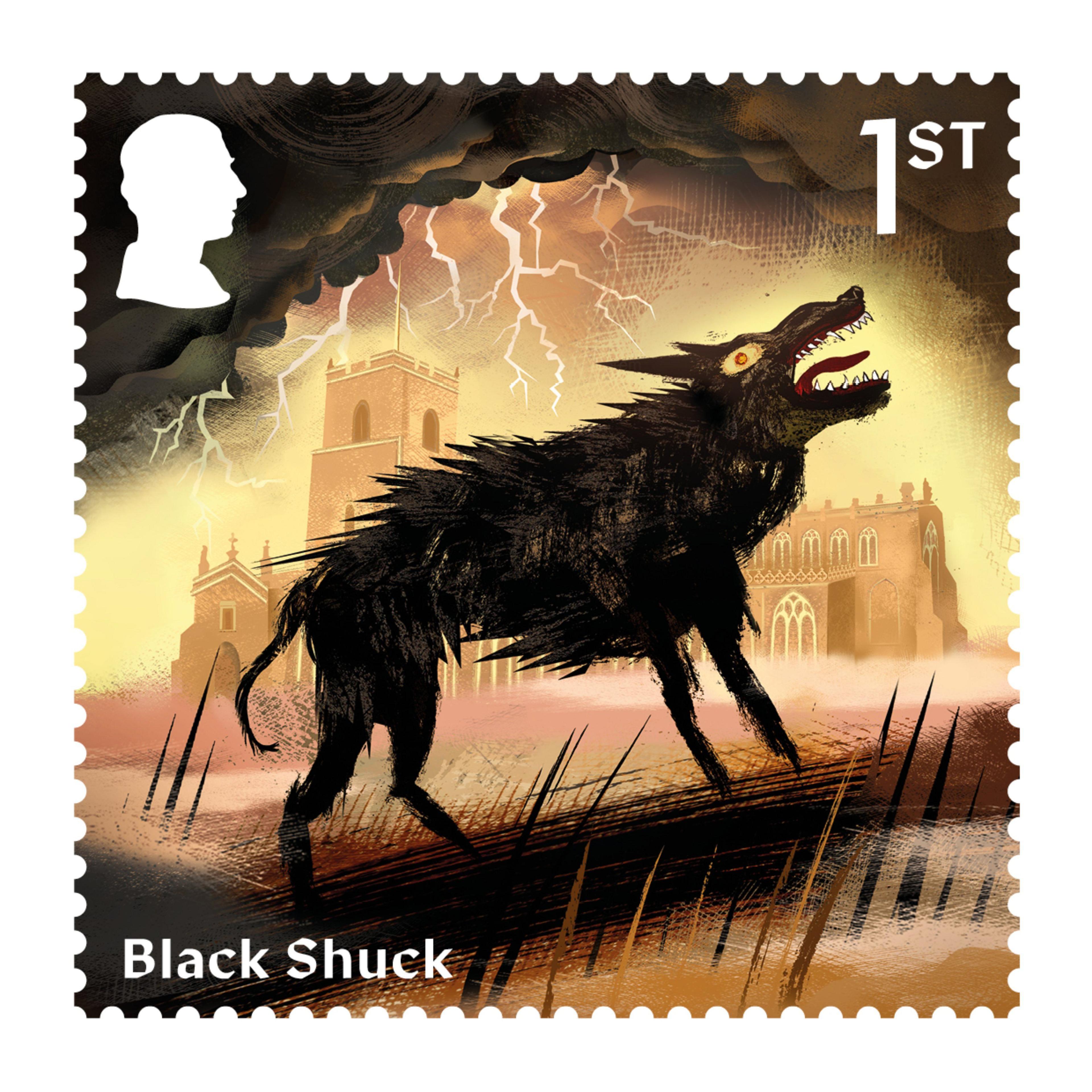 A view of what the Black Shuck stamp will look. It shows a black dog howling with a church behind it during a thunderstorm.