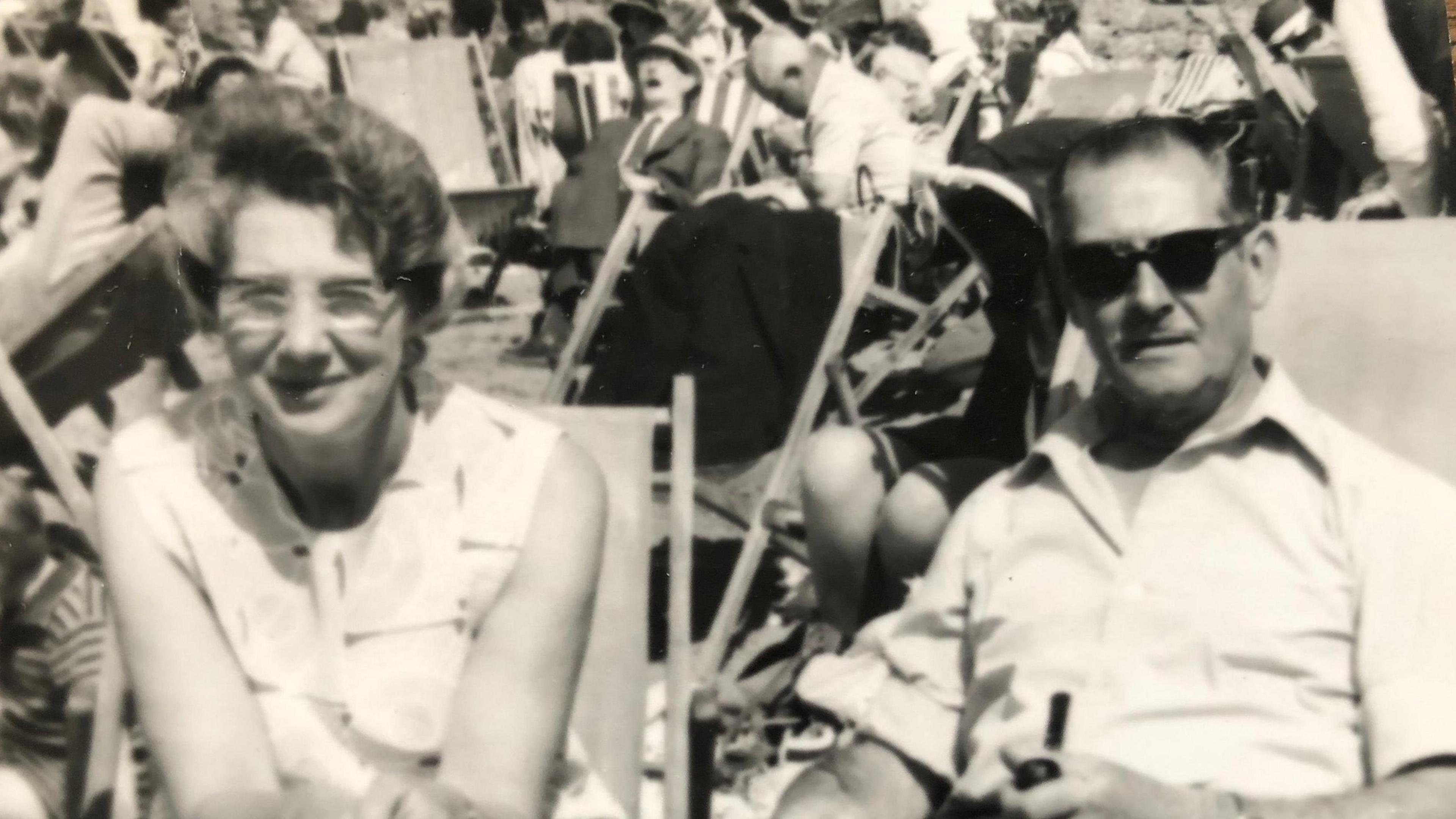 Black and white photo shows Ivy with her late husband Bernard in Hunstanton in the early 1960s