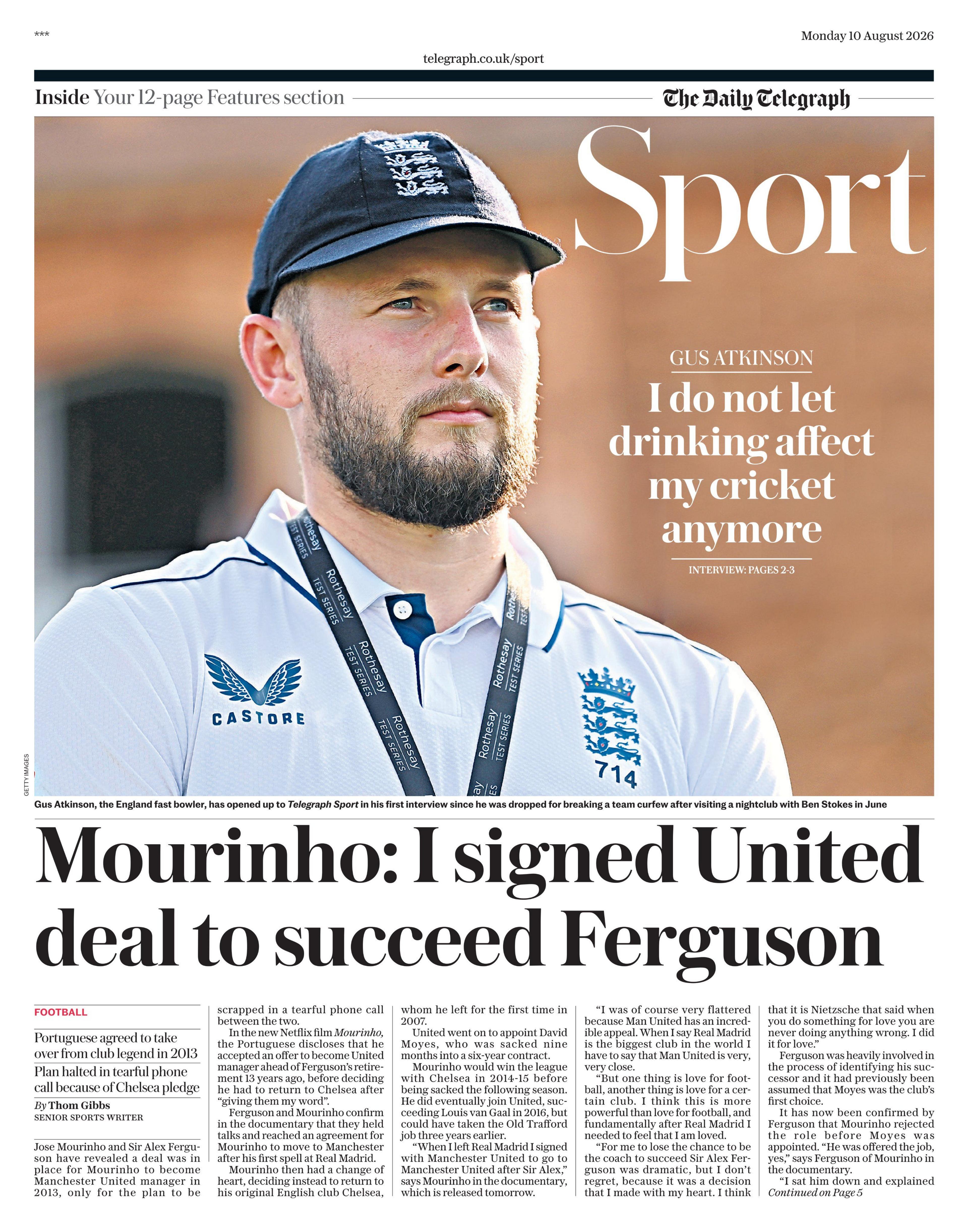 Lead sport page in the Daily Telegraph on 9 August 2026