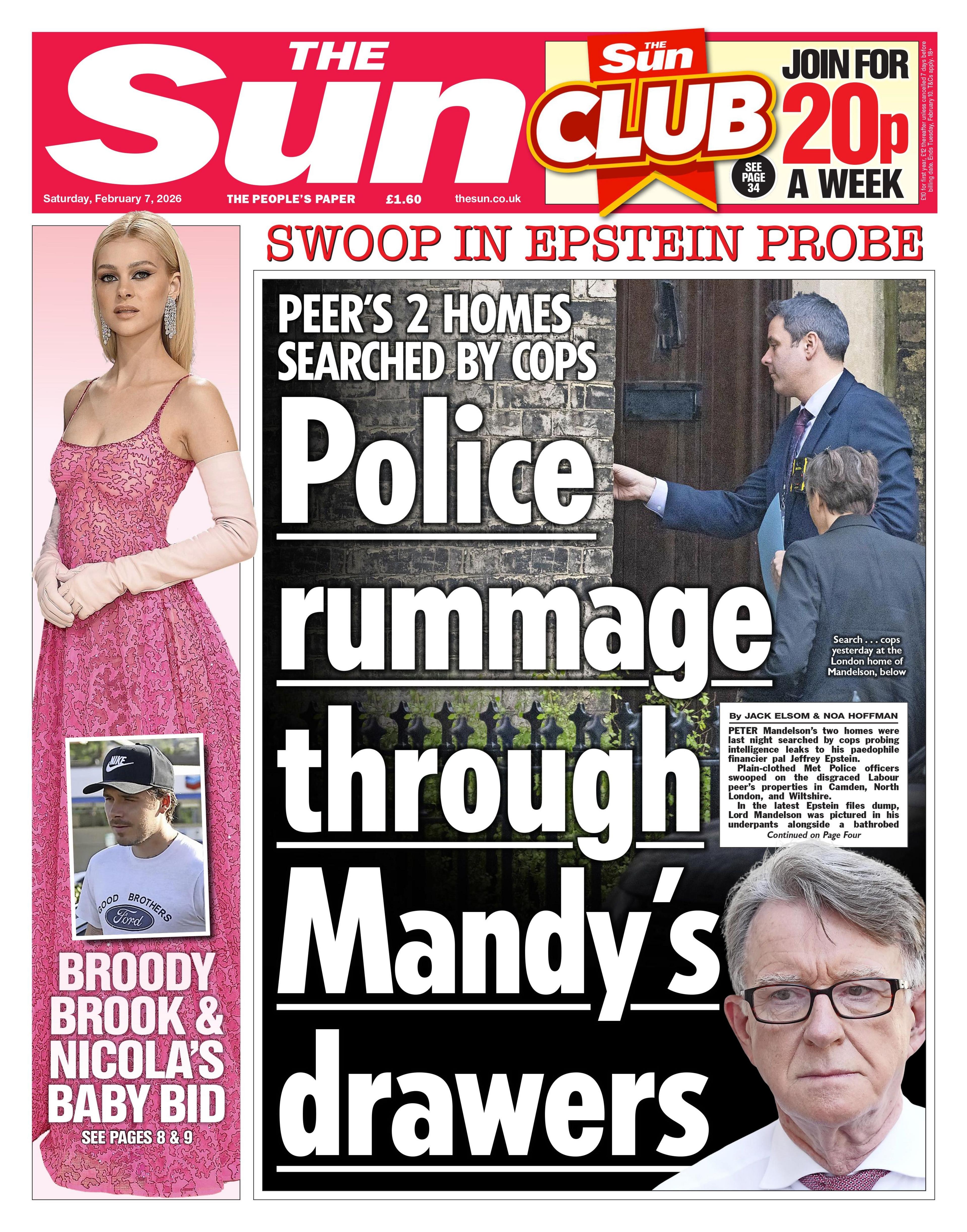 Titulli në faqen e parë të gazetës The Sun thotë: "Policia kontrollon sirtarët e Mandy-t".