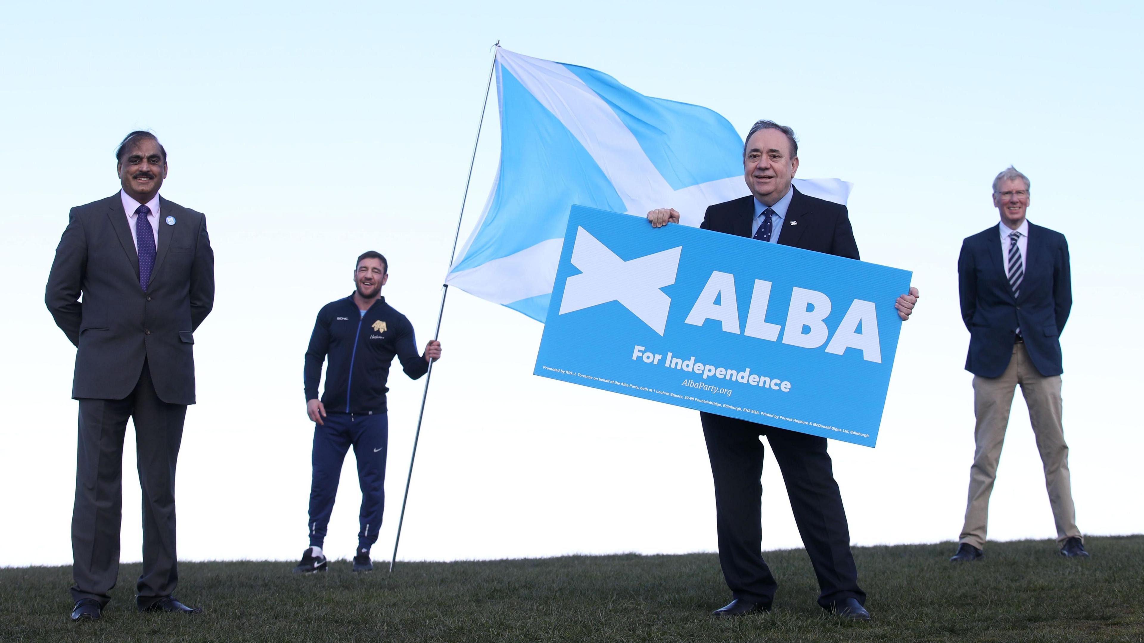 ALBA Party leader Alex Salmond (second right ALBA Lothian candidates Irshad Ahmed (left), Alex Arthur (second left) and Kenny MacAskill (right) at a photocall on Calton Hill, Edinburgh, marking the launch of the ALBA Lothian campaign for the Scottish Parliamentary election.