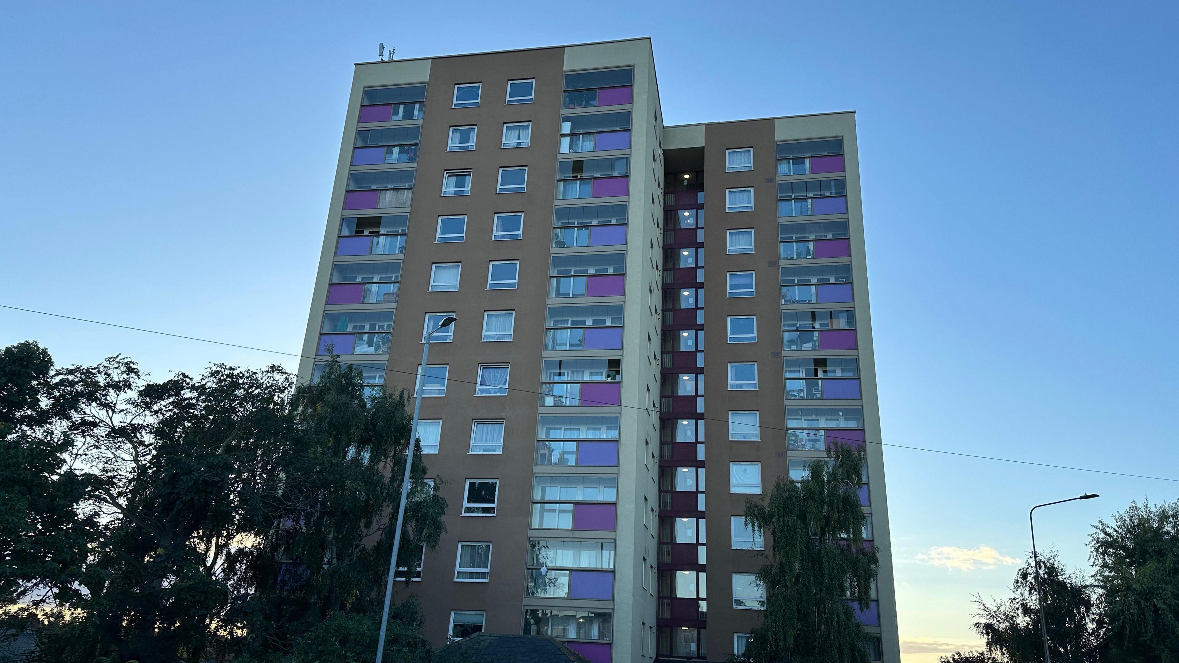 A general picture of Cumberland Towers on Norwich Road in Ipswich. It shows the high rise tower from the ground. Trees can be seen in front of the building as well as several lamp posts. 