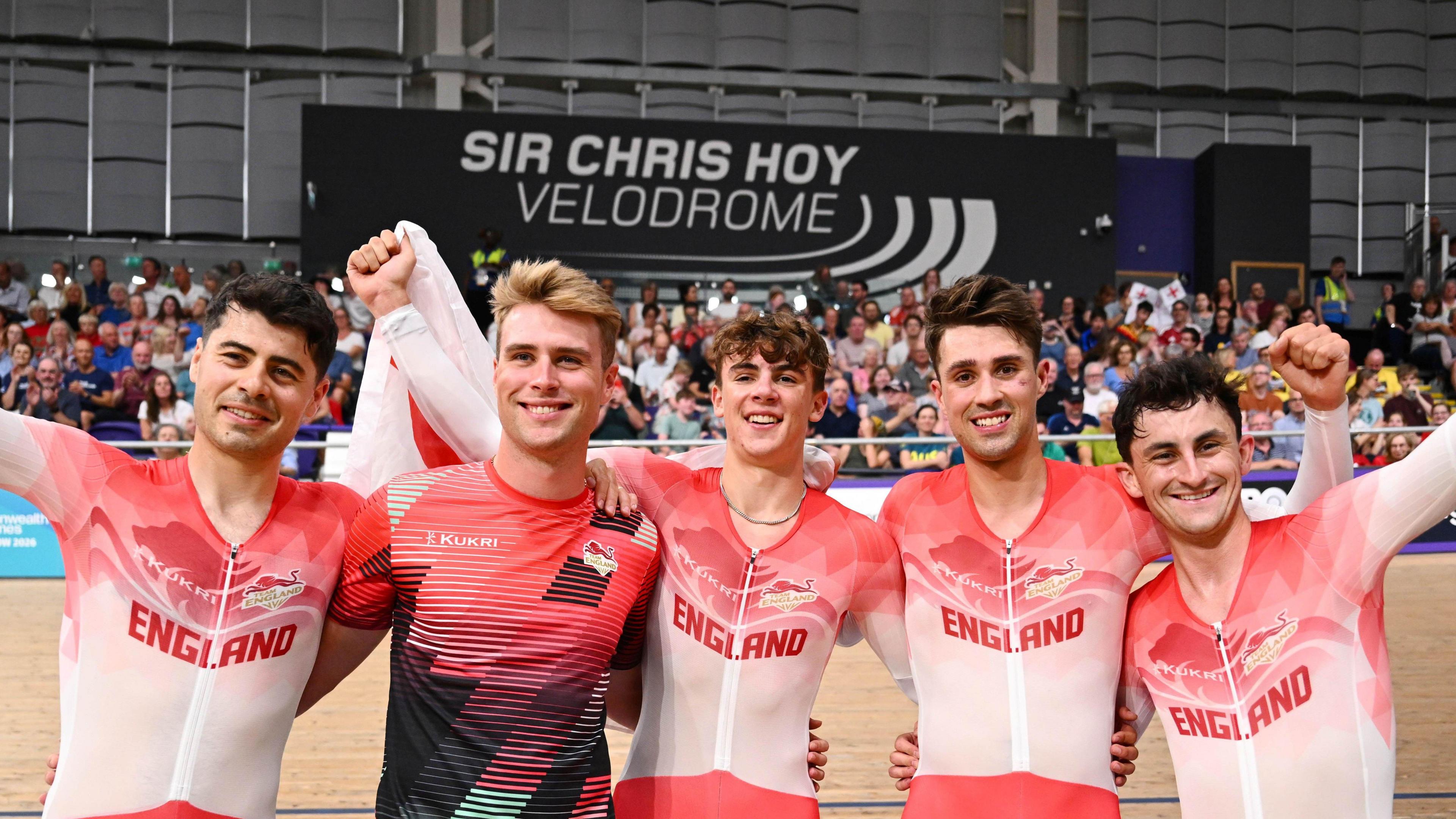 Charlie Tanfield, Josh Charlton, Henry Hobbs, Ethan Vernon and Will Tidball celebrate gold medal