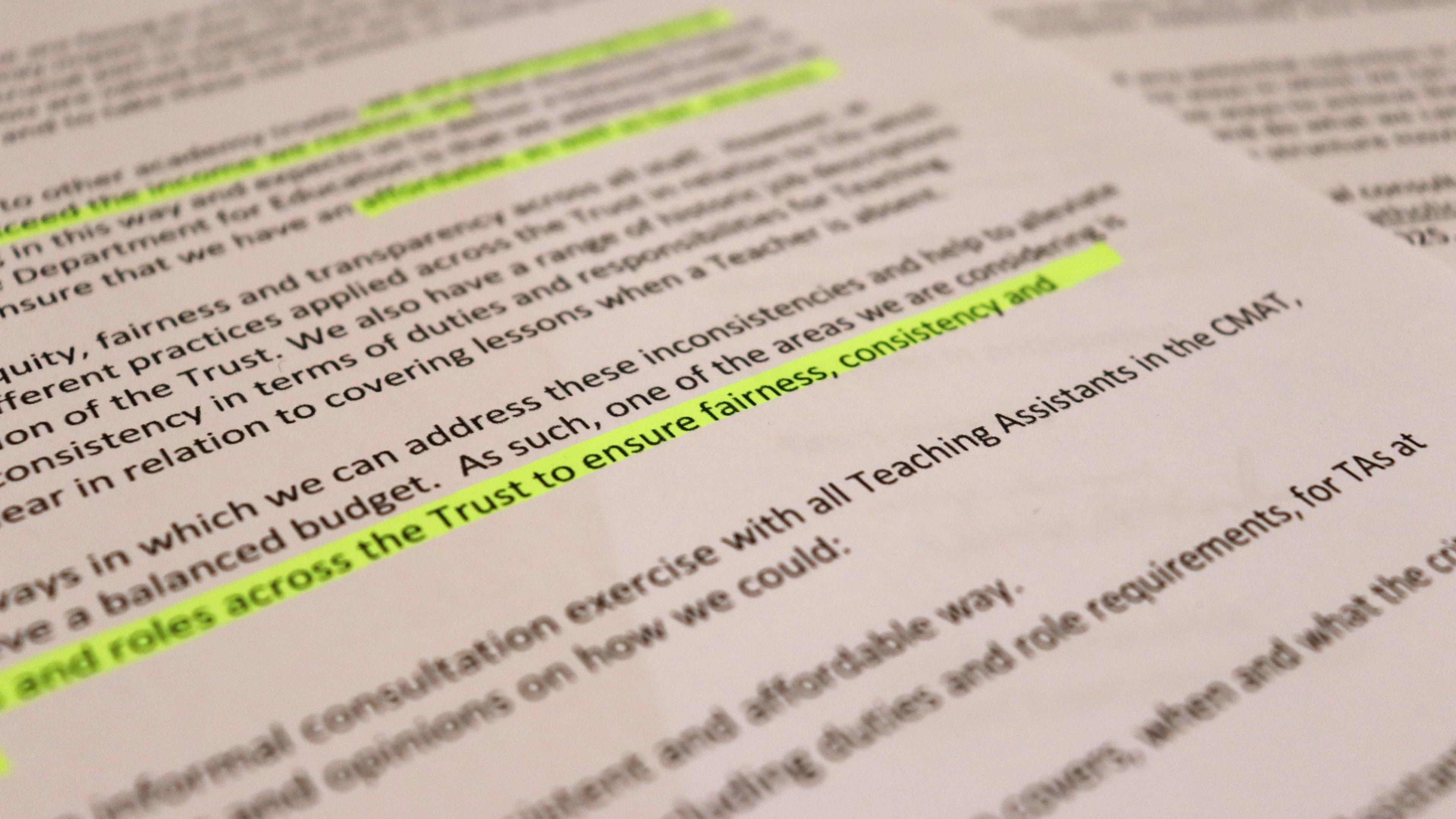 A picture of the letter sent to staff, with some lines highlighted in yellow.