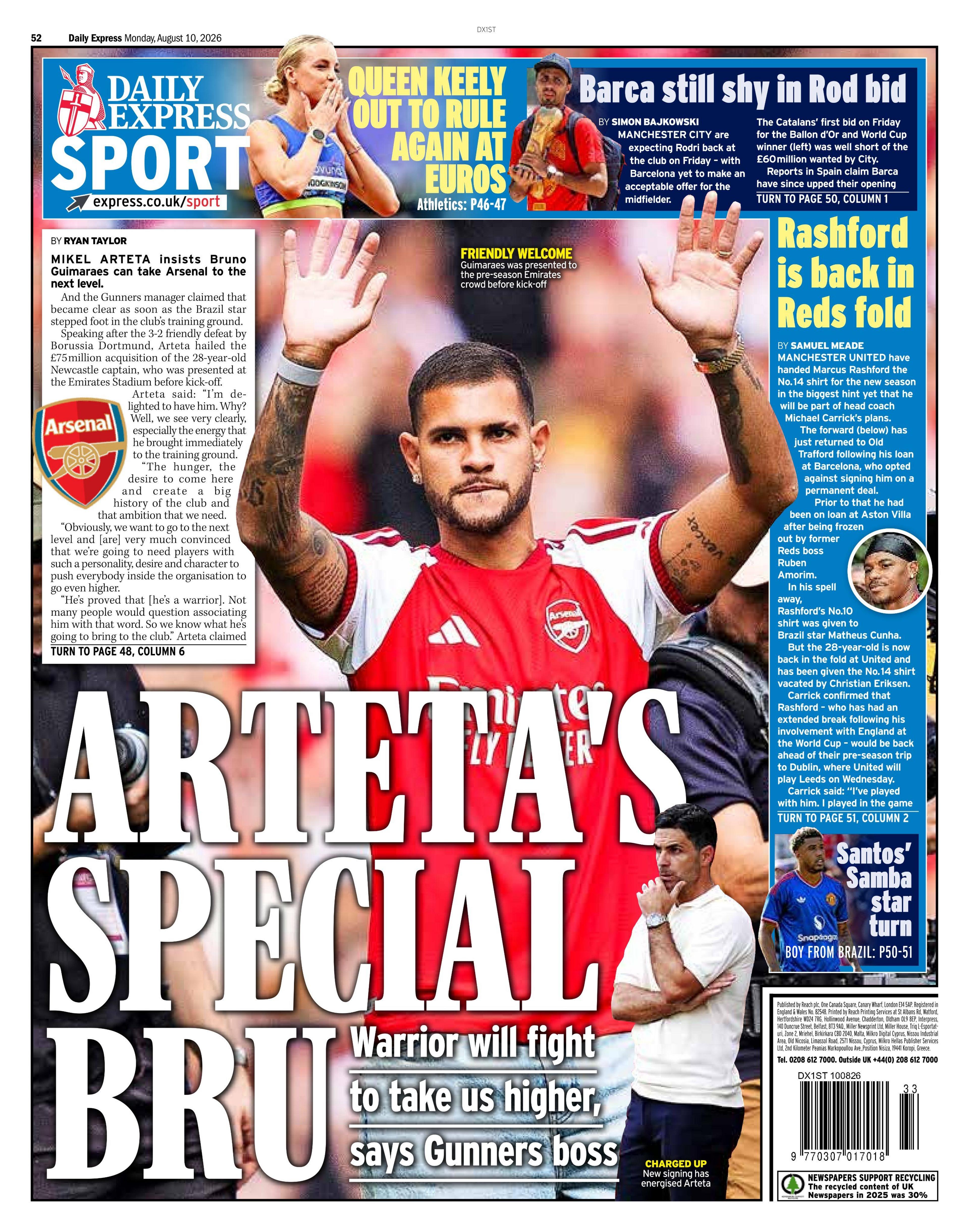 Back page of the Daily Express on 9 August 2026