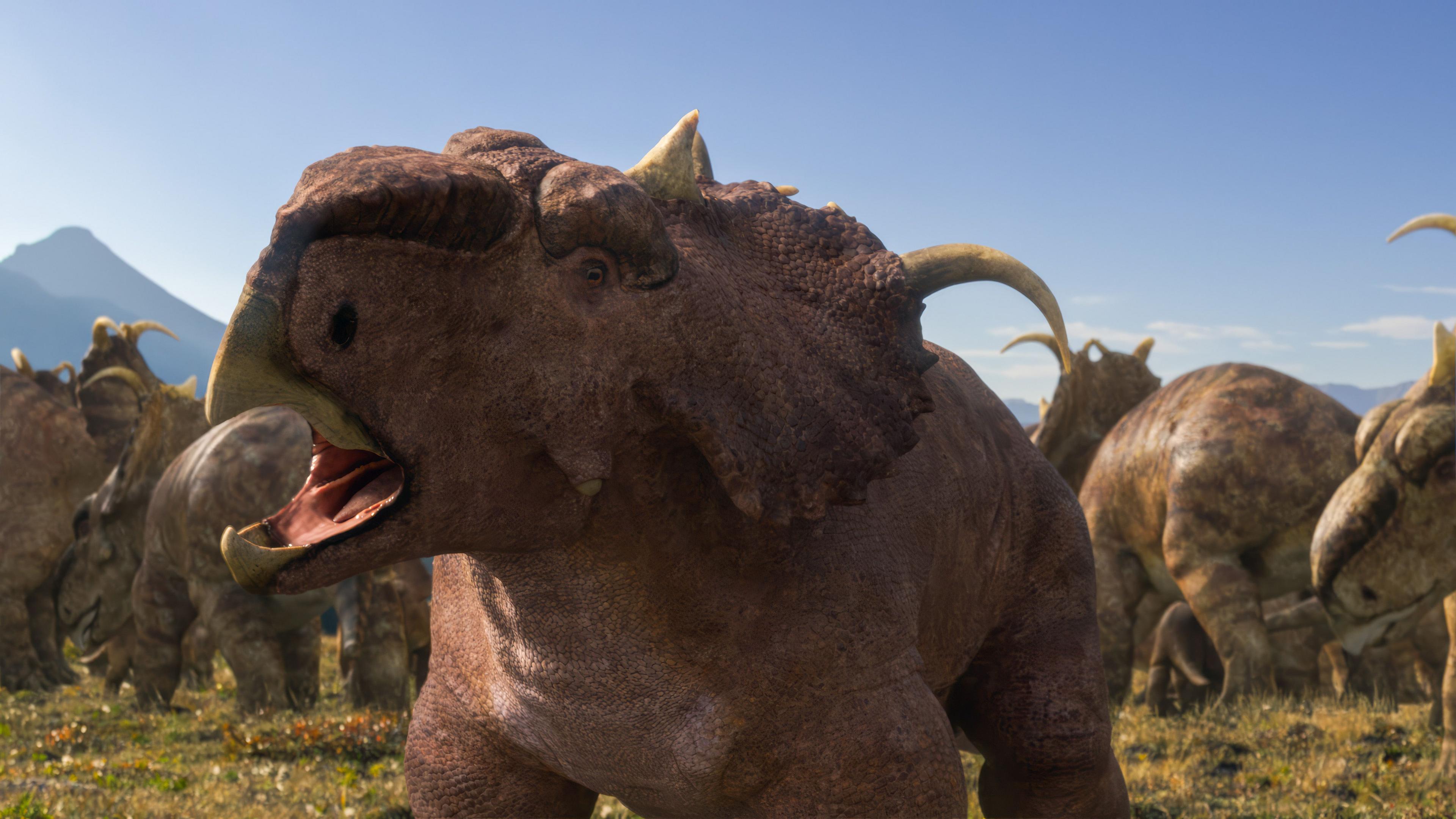 A computer generated image showing a brown Pachyrhinosaur with its sharp mouth open, horns on its head, with others behind it eating vegetation.