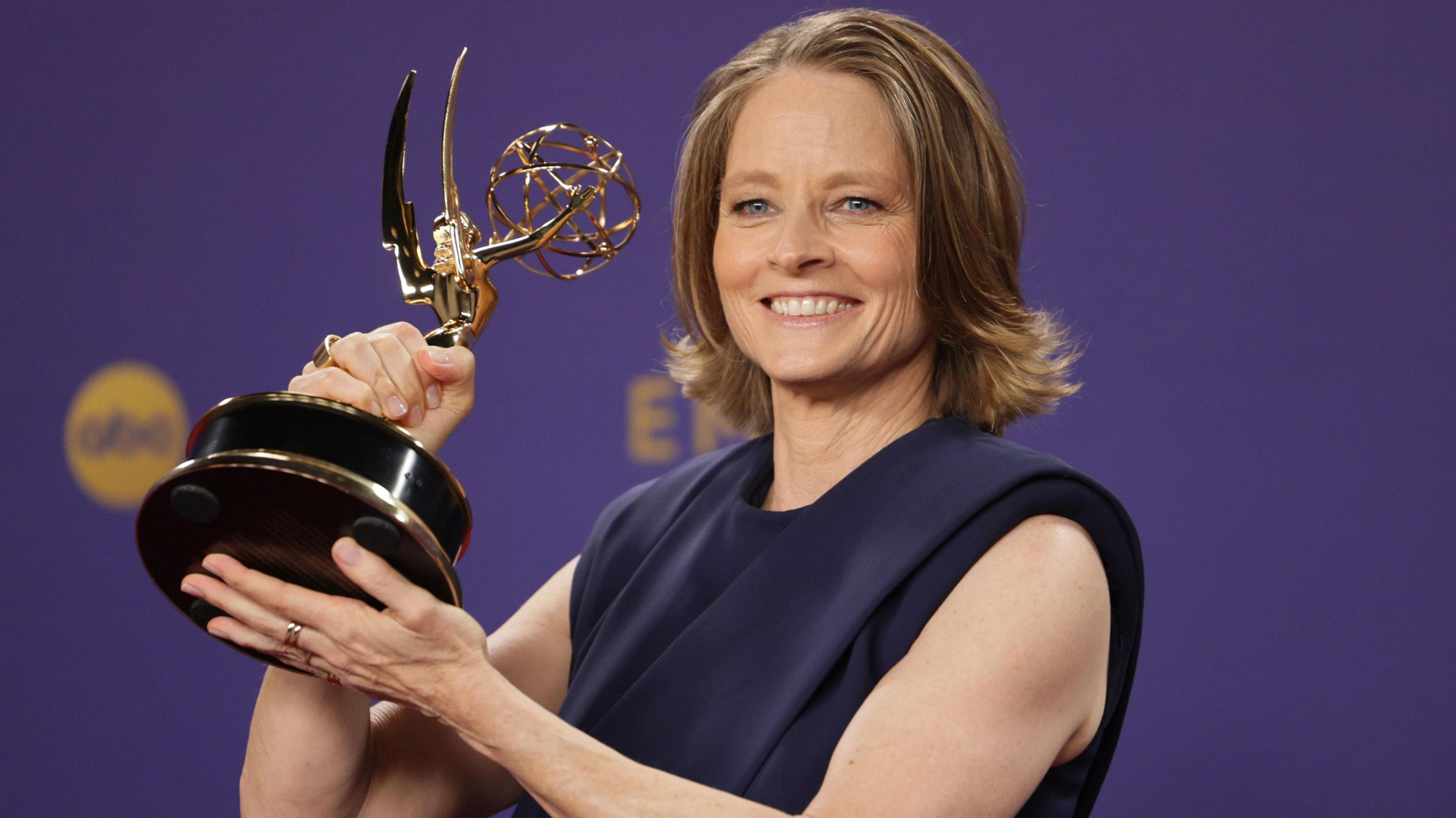 Jodie Foster winner of the Outstanding Lead Actress in a Limited or Anthology Series or Movie for 'True Detective: Night Country' poses with her award in the press room during the 76th annual Emmy Awards ceremony held at the Peacock Theater in Los Angeles, California, USA, 15 September 2024