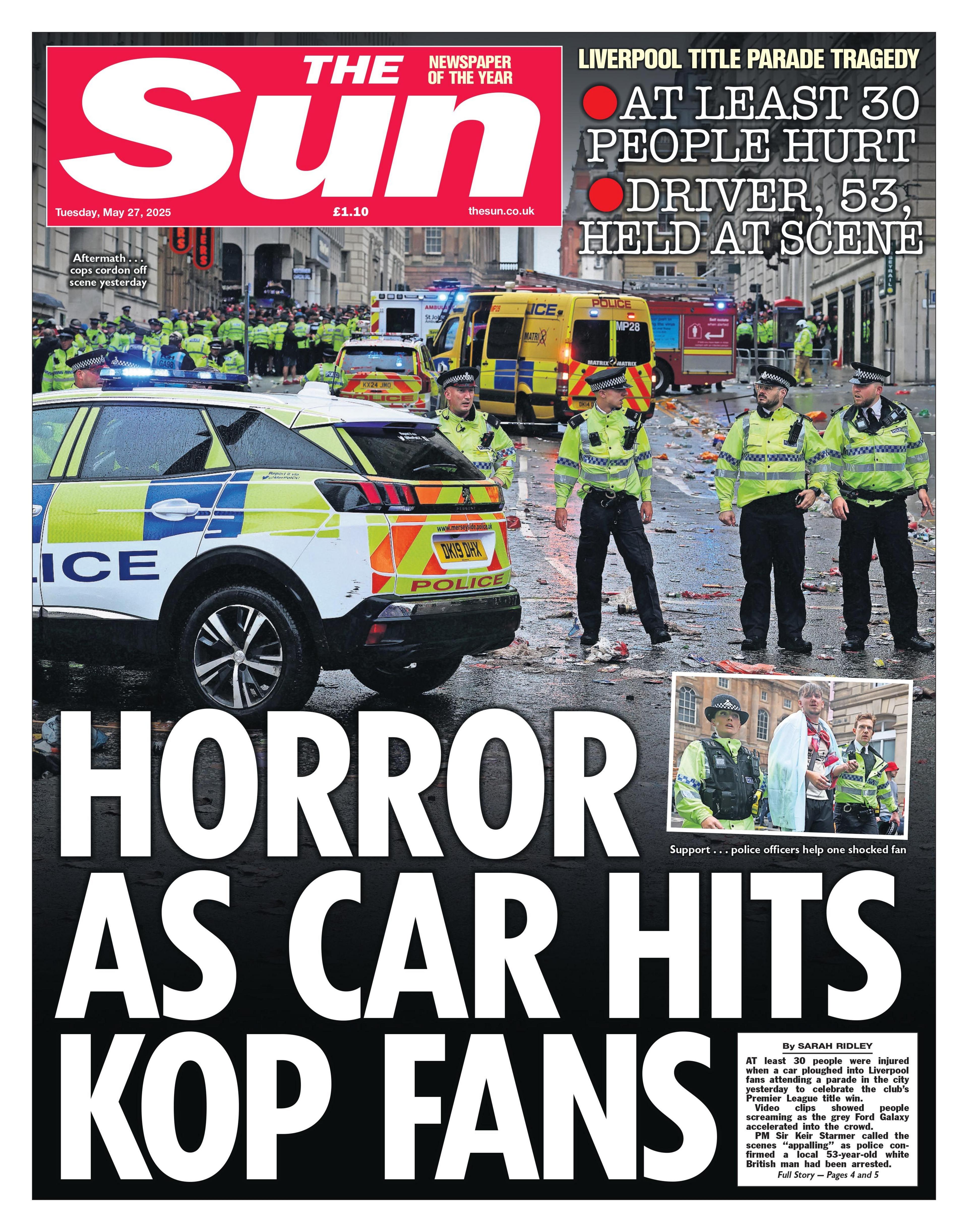 The headline on the front page of the Sun reads: "Horror as car hits Kop fans".