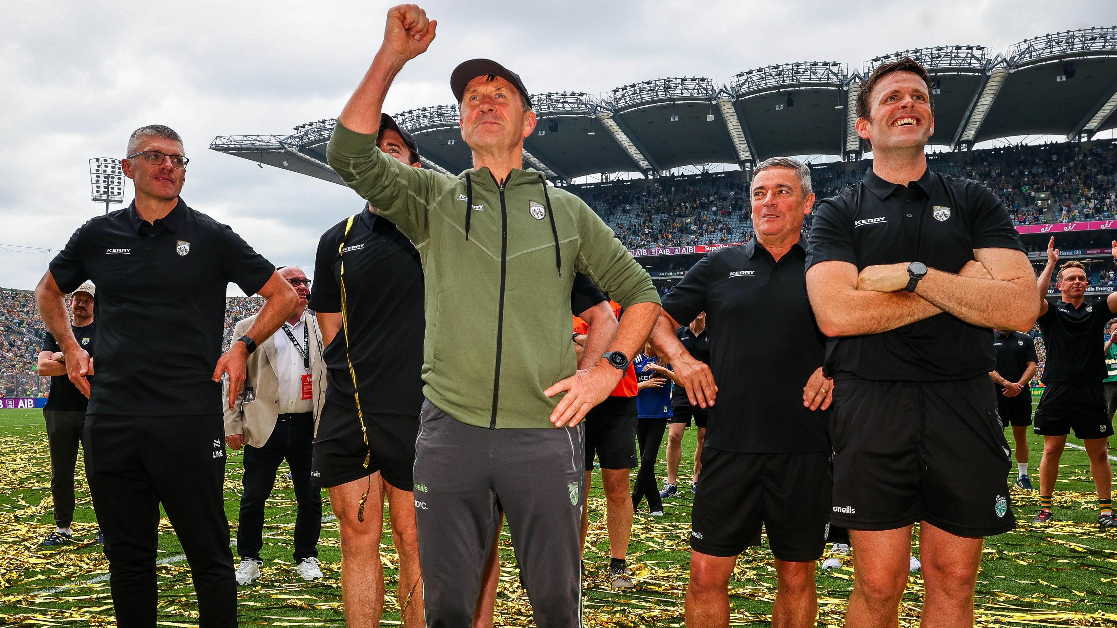 Jack O'Connor celebrates with his backroom team after winning his fifth Sam Maguire title last summer