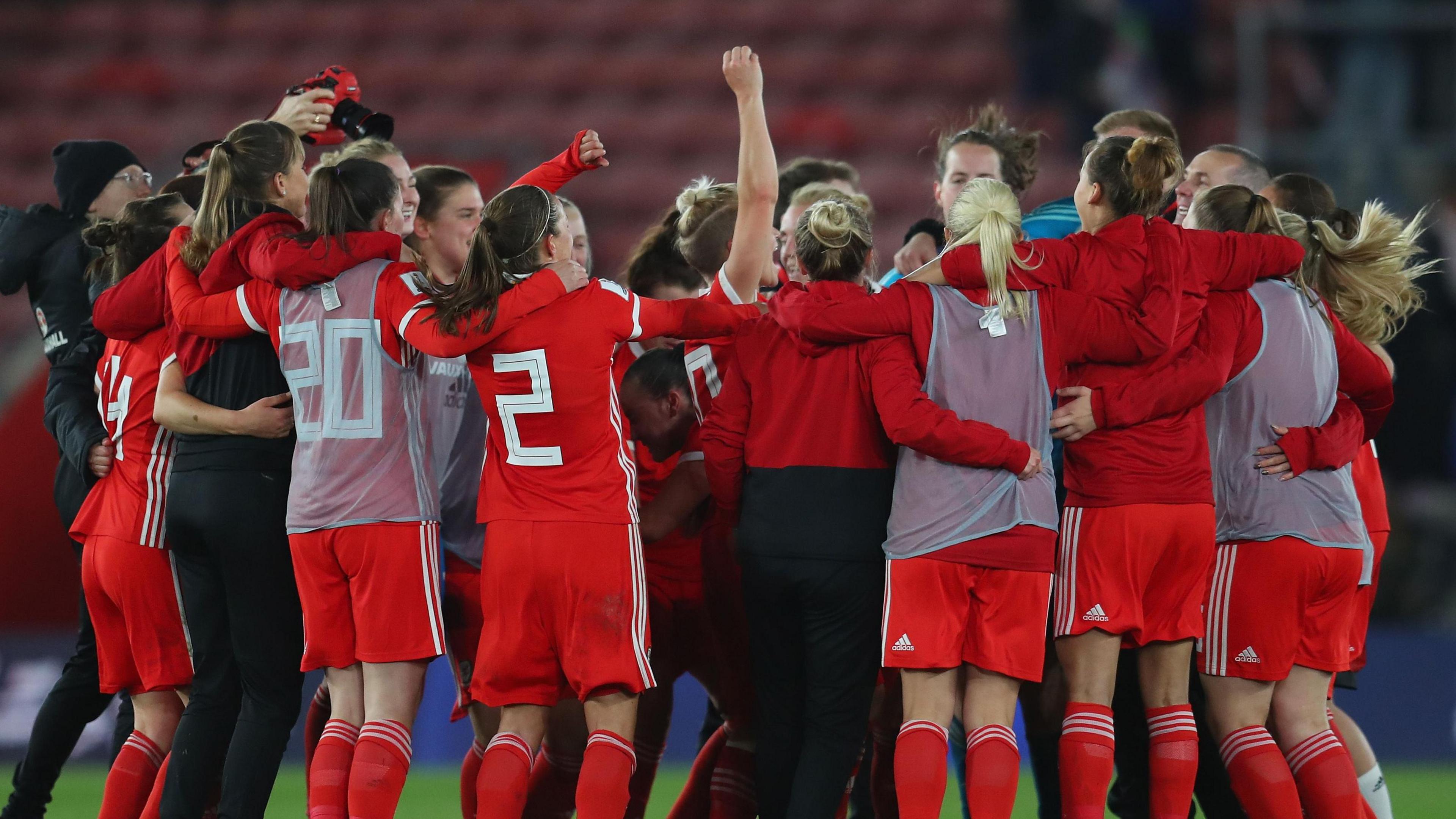 Wales players celebrate after drawing 0-0 with England in 2018.